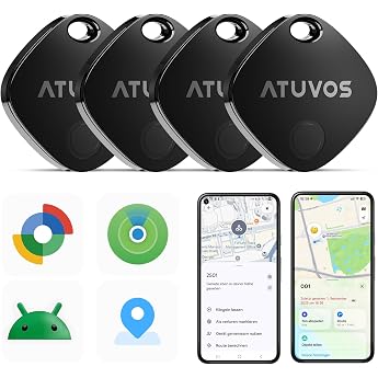 ATUVOS Smart Tag Pro Tracker for Android & iOS Pack of 4 Dual System Key Finder Compatible with Google Find My Device or Apple Where? App Smarttag Key Finder for Luggage Suitcase.