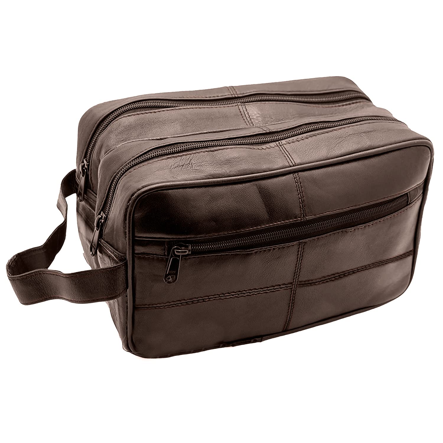Trousse de toilette en cuir véritable pour homme de voyage - Trousse de rasage pour salle de bain, salle de sport, maquillage - Cadeau pour homme et femme, marron