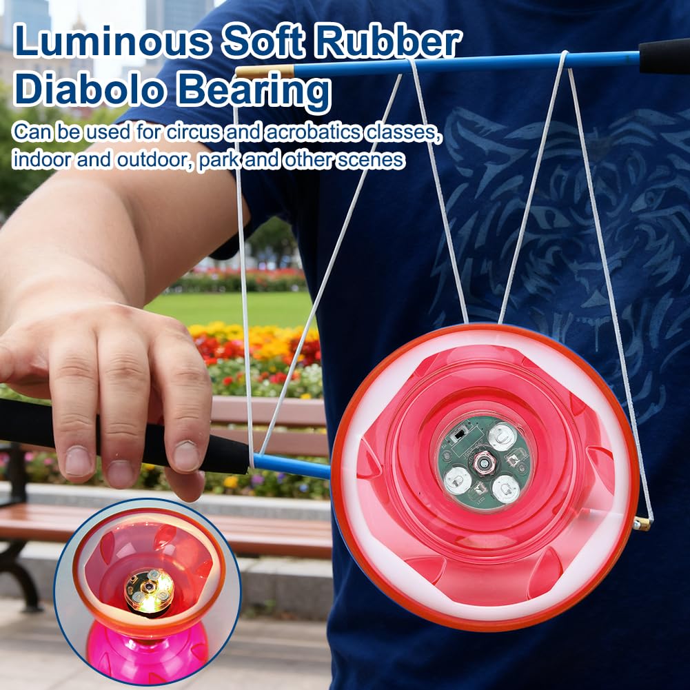 LED Diabolo Freiläufer mit Kugellager Diabolo Leuchtend im Dunkeln,4Farben Licht Diablo Jonglier Set,Dreifache Lagerung Set für Erwachsene,Anfänger Profis Freilauf Zirkus Jonglierspielzeug, Rot