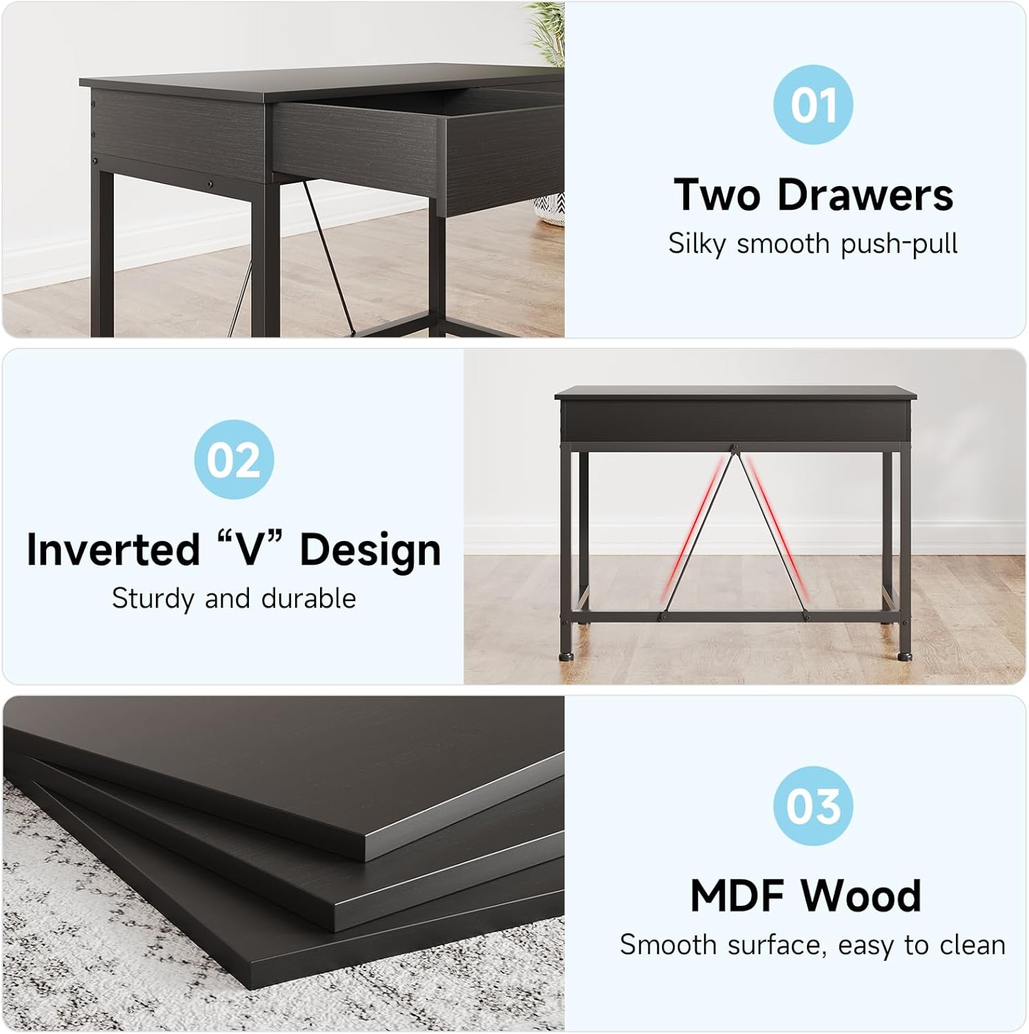 Mexin Small Black Desk with 2 Wooden Drawers, 40 Inch Home Office Writing Desk, Black Vanity Desk with Storage, Computer Desk for Bedroom Small Spaces, Table for Office, Work, Kids Study, Makeup