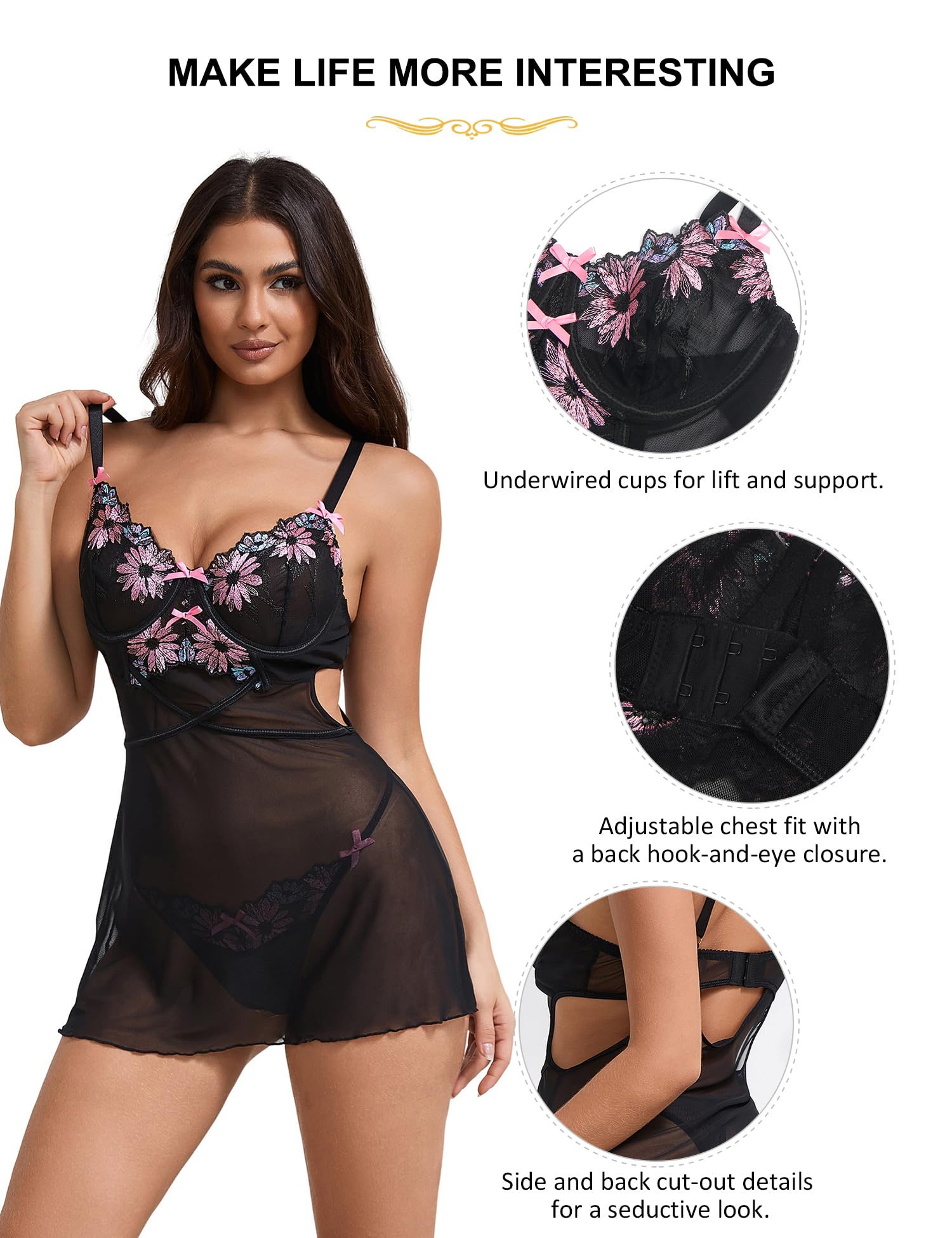 ohmydear Babydoll Donna Pizzo con Ricamo Completo Intimo con Reggiseno Push Up e G-String Camicia da Notte Donna Spalline Regolabile Lingerie Hot Cruvy Abito Senza Schienale