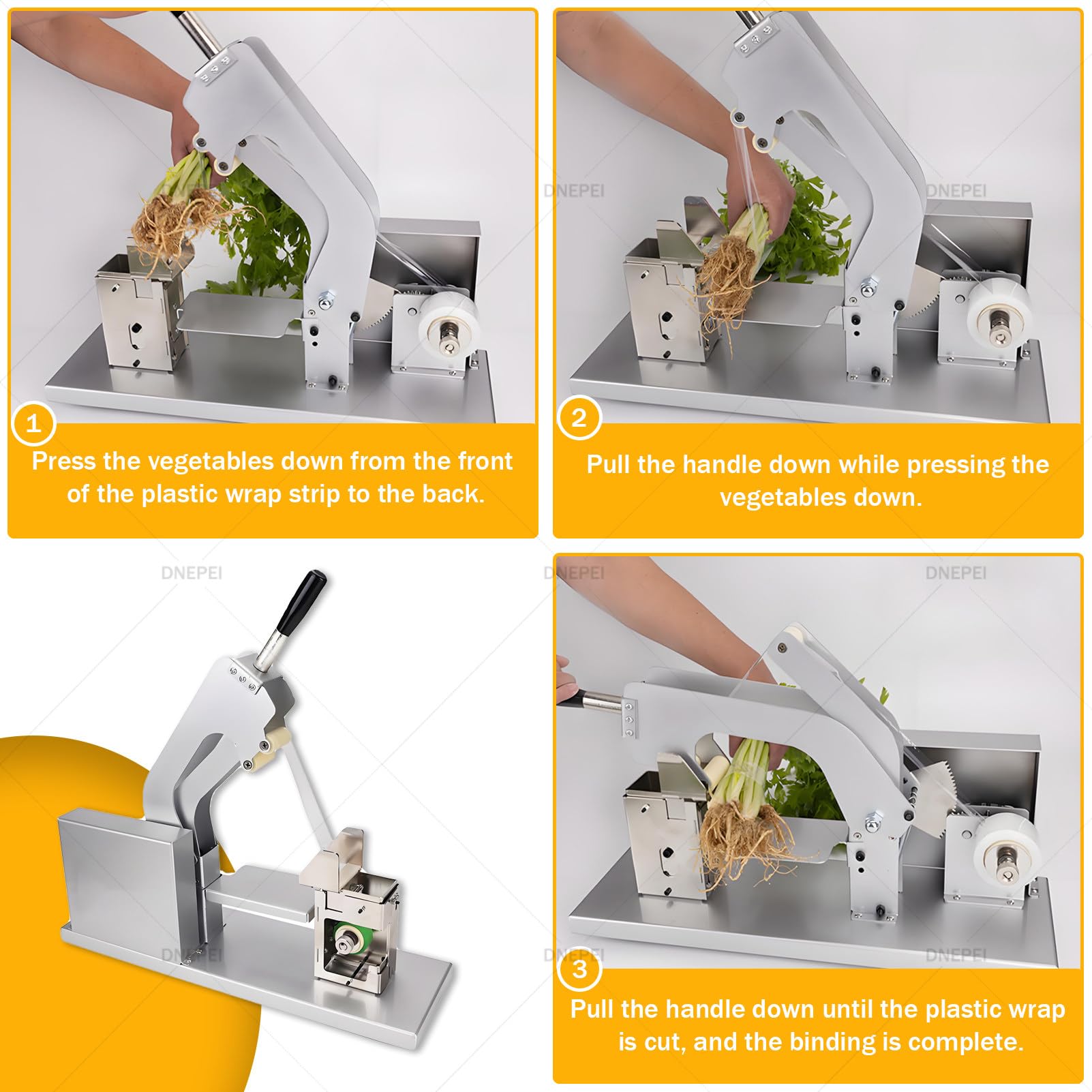 Máquina compacta de atado de verduras: semiautomática con ajuste manual de tensión para agrupar eficientemente hierbas, frutas y productos frescos