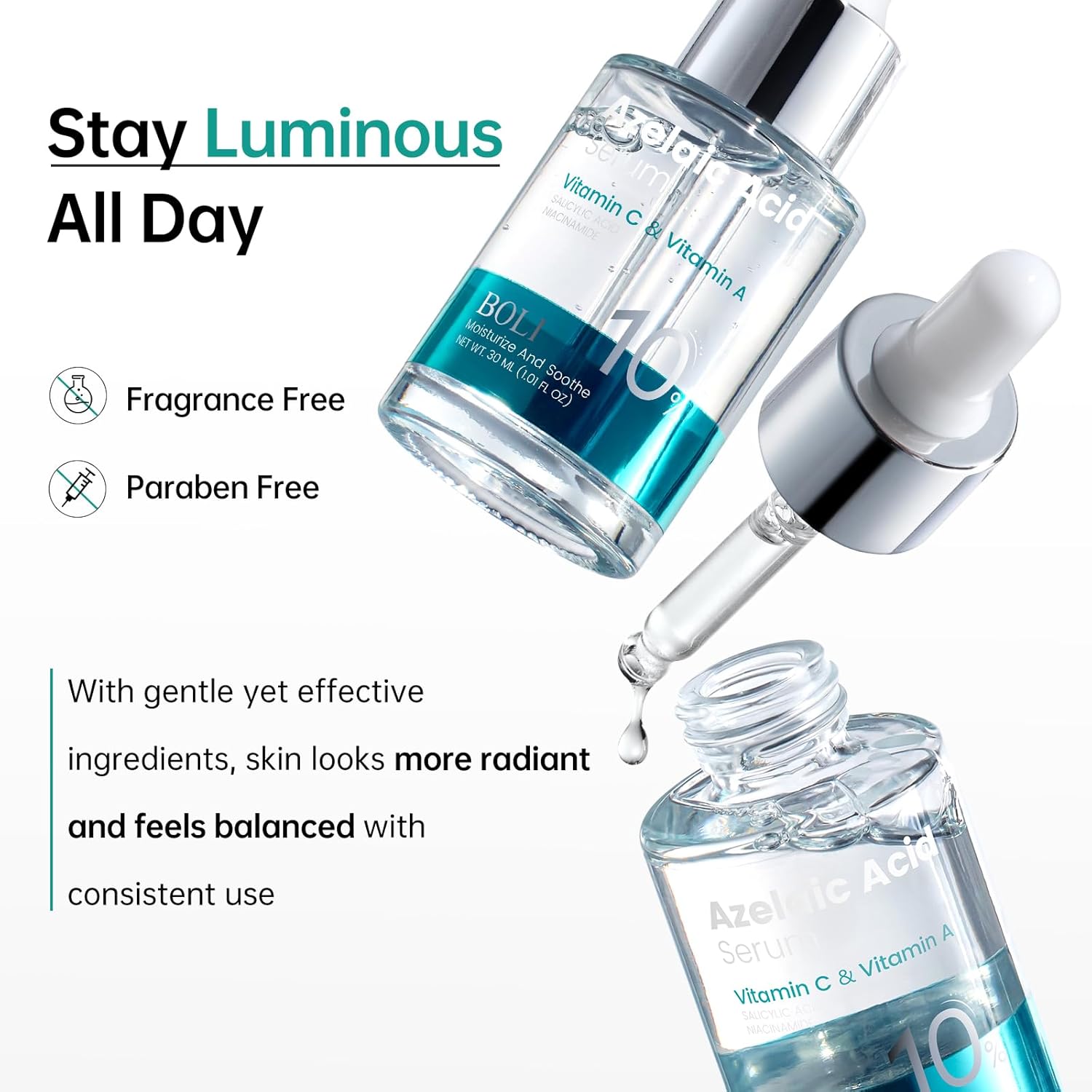 BOLI Azelaic Acid Serum for Face, Smoothing Balancing Essence with Saicylic Acid Niacinamide Retinol (1.01 fl oz) - Image 7