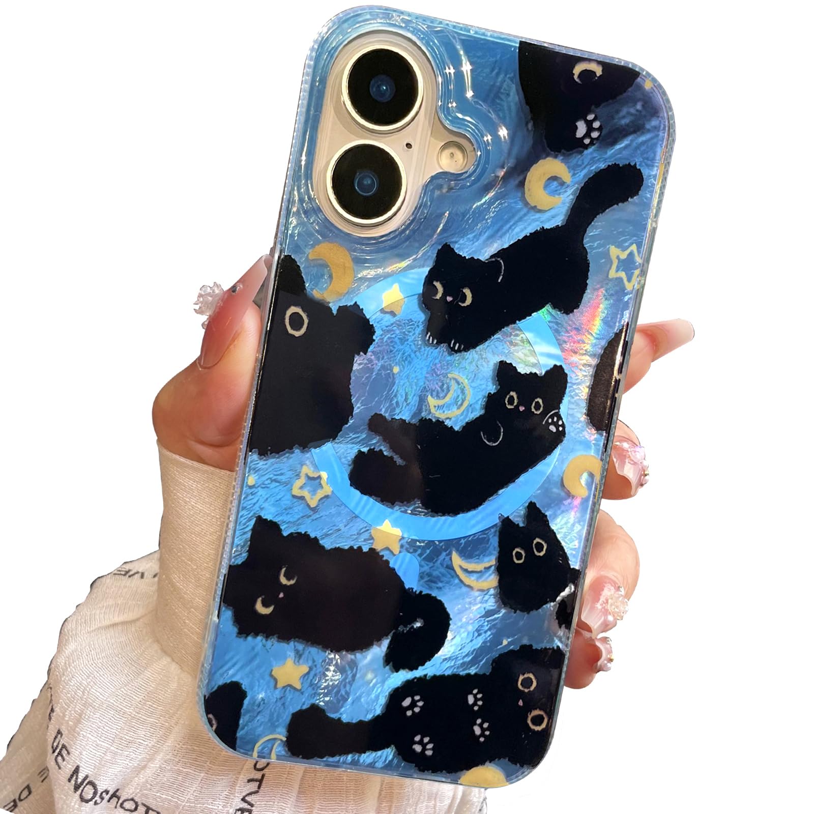 buccilly Compact Case for iPhone 16 Black cat Design,[Compatible with Magsafe] Cute Soft Slim TPU Shockproof Protective Bumper Phone Cases Cover for