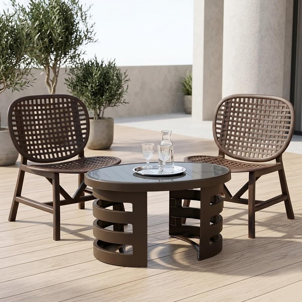 Nilkamal Arena Chair and Mystique Glass Top Coffee Table Set | 2 Chairs and 1 Table | Plastic Furniture Set for Indoor and Outdoor Use, Balcony, Garden, Patio| Walnut and Season Rust Brown-image-15