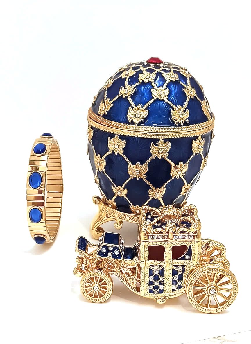 Russian FABERGE Ornament set EMPRESS Carriage Fabrege Egg Gifts for Women who have everything HANDMADE 10ct Crystal Diamonds 24k Gold decor Sapphire Bracelet Graduation Anniversary Birthday present