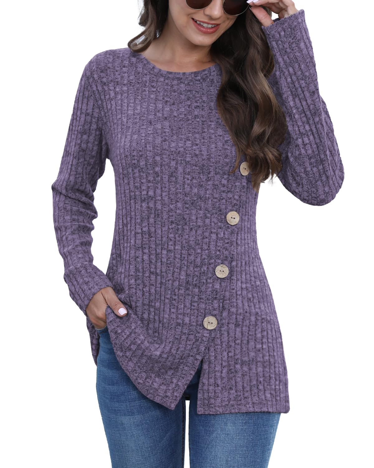 JomeDesign Long Sleeve Shirts for Women Crew Neck Lightweight Sweater Loose Casual Tunic Tops