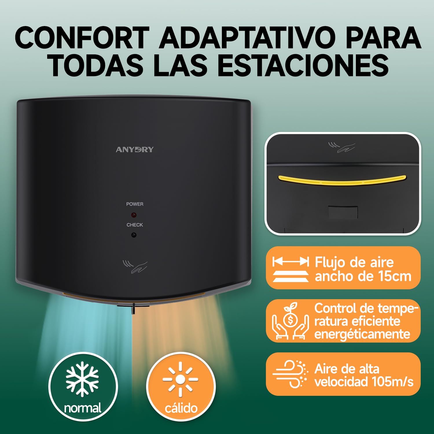 anydry 2630S Secador de Manos Compacto automático de Alta Velocidad,Comercial y hogar,Cubierta de ABS,1400-1650W,Negro