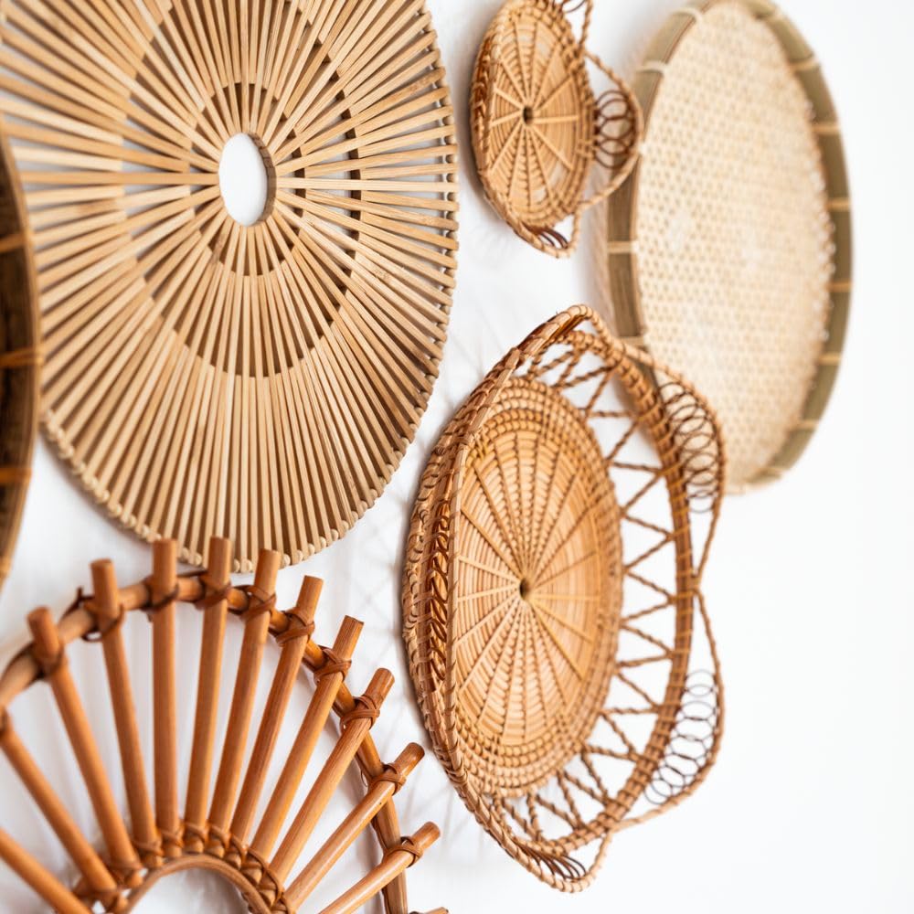 Set di 9 cestini da parete in rattan, bambù ed erba marina, decorazione da parete 3D in stile boho, per soggiorno, camera da letto e corridoio, decorazione da parete sostenibile