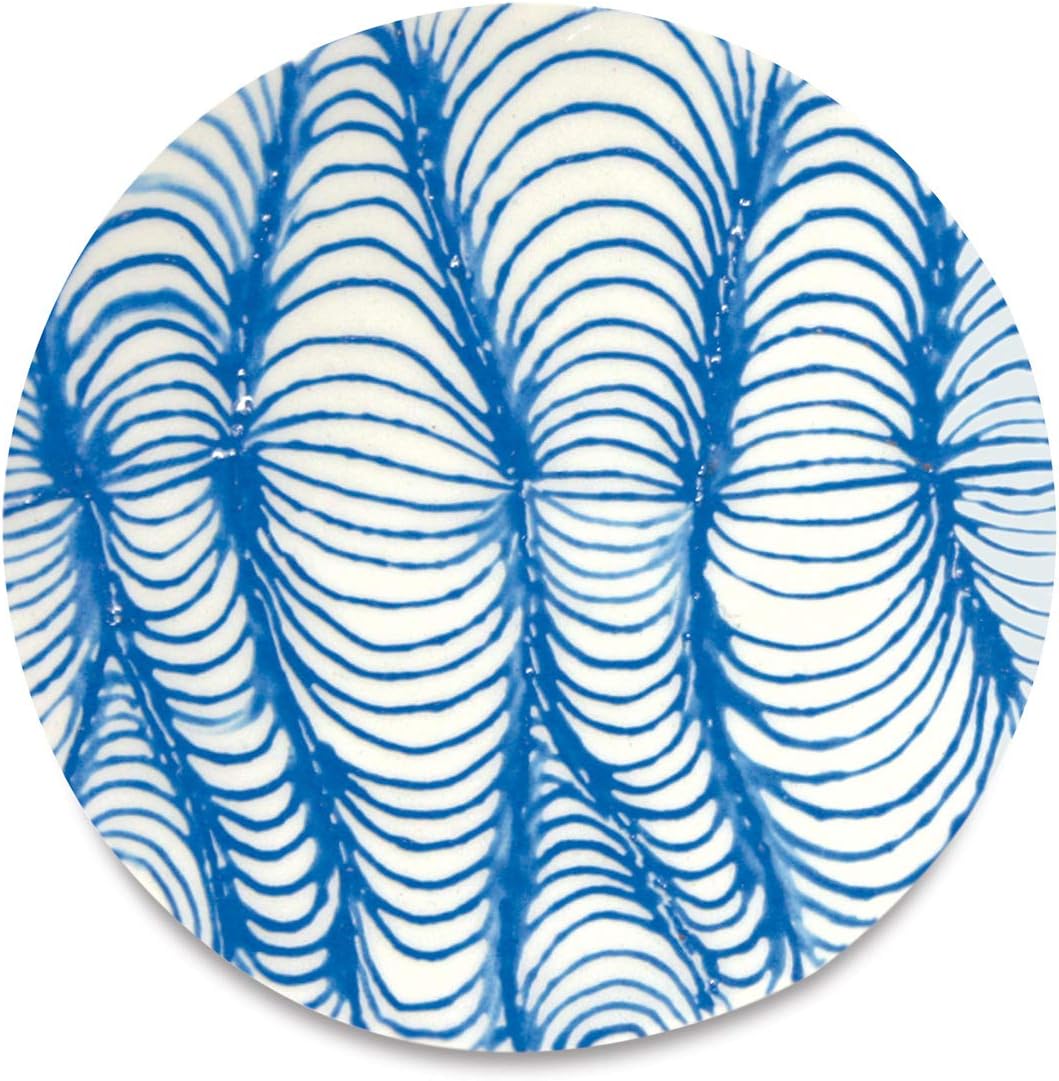 Close-up of a ceramic piece decorated with intricate blue lines using Mayco Designer Liner SG410.