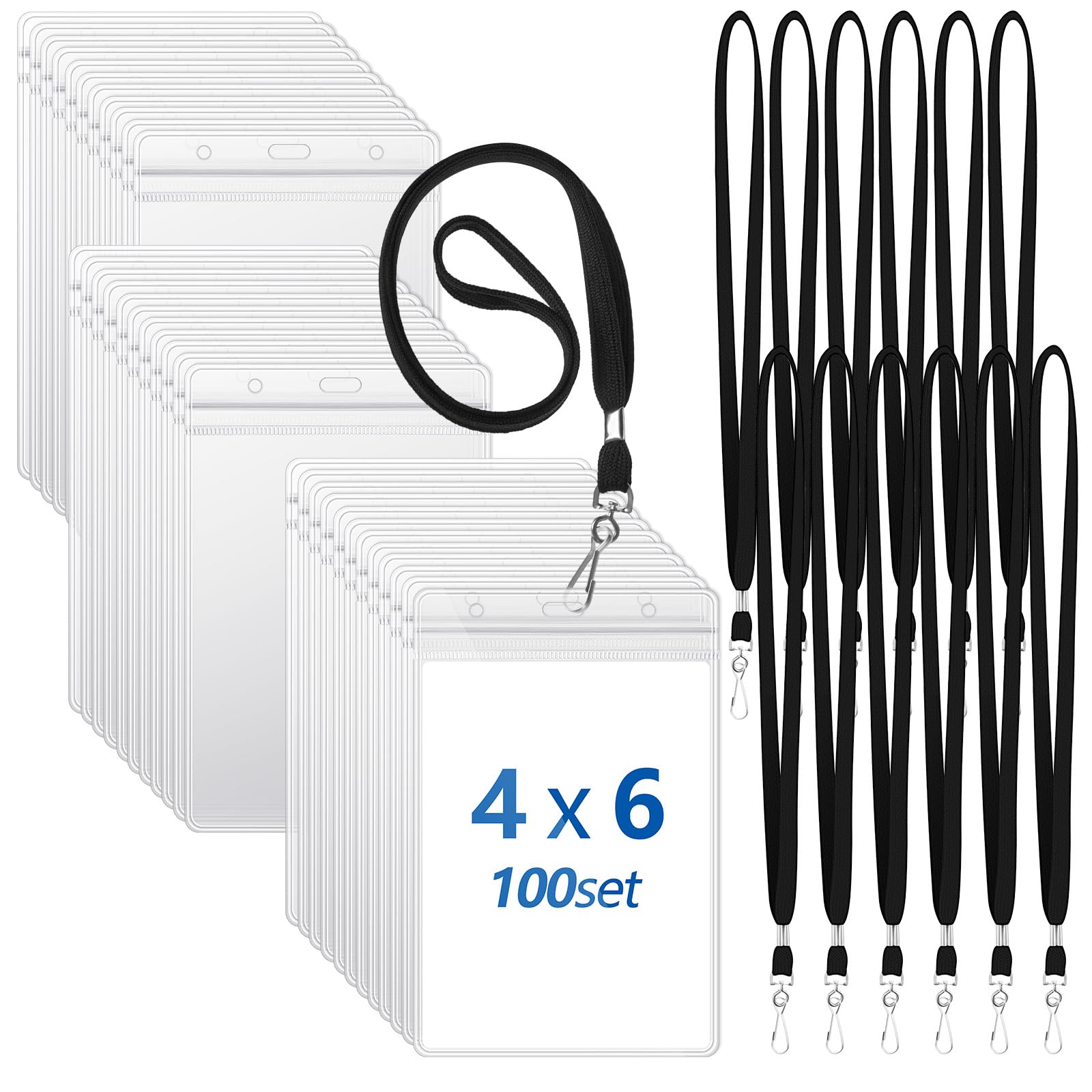 Chuangdi Large 4 x 6 Inch Clear ID Badge Holder with Lanyard Waterproof Vertical Badge ID Card Holders Clear Plastic Tags Transparent PVC Pouch for Office School (100 Pcs)