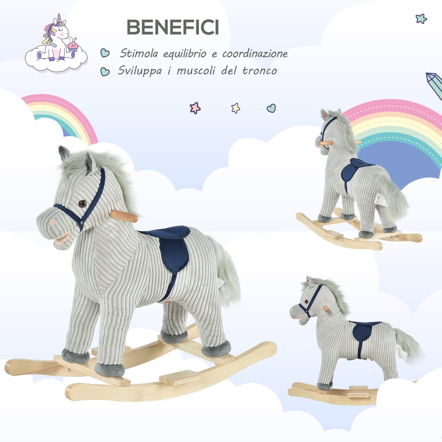 HOMCOM Cavallo a Dondolo per Bambini 3-6 Anni, Cavalluccio a Dondolo Interattivo Riproduce Suoni, in Peluche Grigio, 73x35x64cm