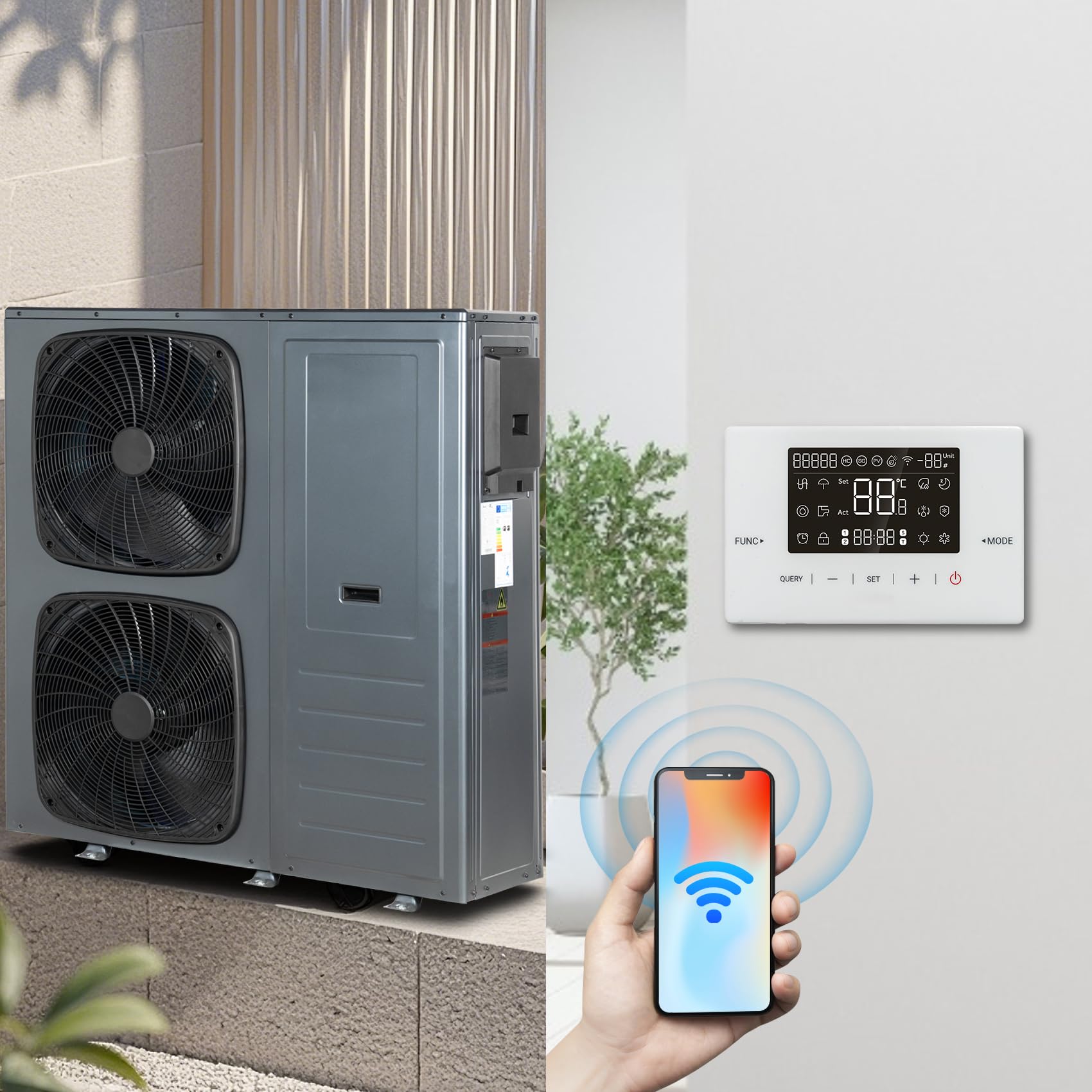 Smad Pompa di Calore 16kW, R290 A+++, COP 5.11, Acqua Calda, Raffreddamento, Riscaldamento, Monoblocco, Sistemi Wifi, Antigelo, Modalità Silenziosa, Riscaldamento Elettrico