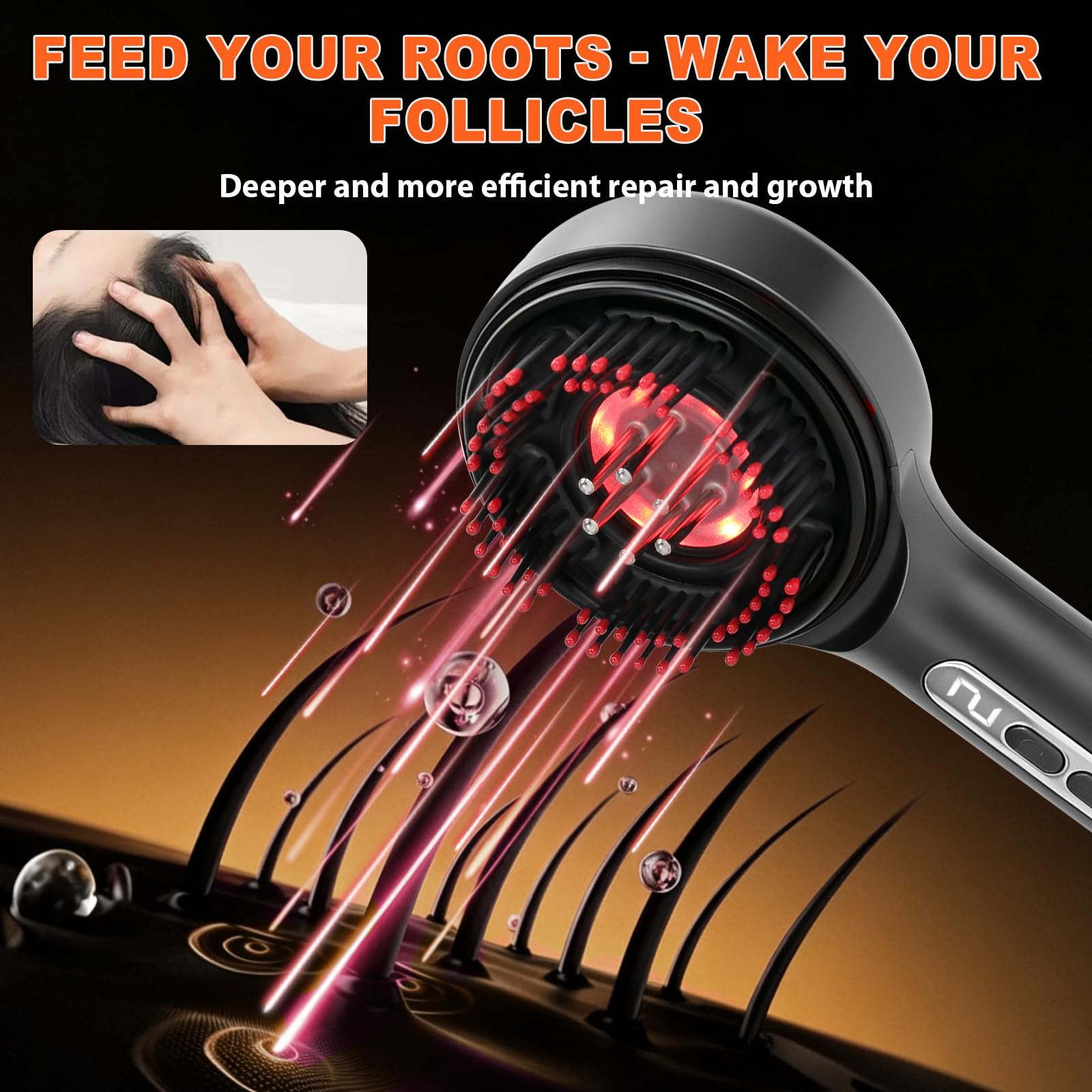Kopfmassagegerät Elektrisch, 3-in-1 Kopfhautmassagebürste mit Haaröl-Applikator, Kopfhautmassage mit Rotlicht/Blaulicht/Mischlicht, Scalp Massager IPX7 wasserdicht