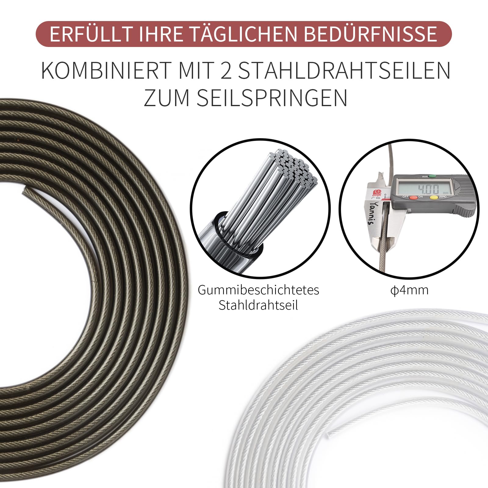 Springseil mit 2 Springseilen, verstellbare Stahl-Springseile, 4 mm verwicklungsfreies Springseilkabel für Damen, Herren und Kinder, Training & Figurformung