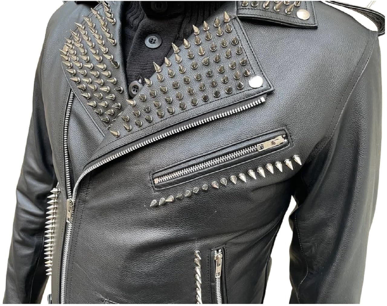 Giacca da motociclista in pelle nera con borchie, da uomo, stile punk rock, gotico