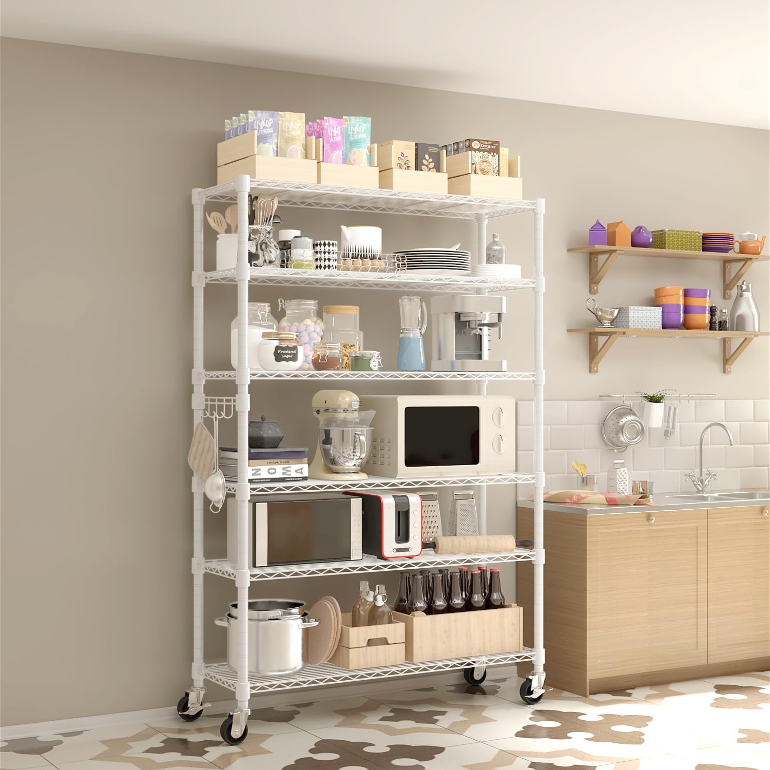 Wire Shelving 6 Tier Slim Steel Storage Metal Shelves with Wheels,Adjustable Kitchen Utility Shelving Unit,Pantry Rack Rolling Metal Shelf,White