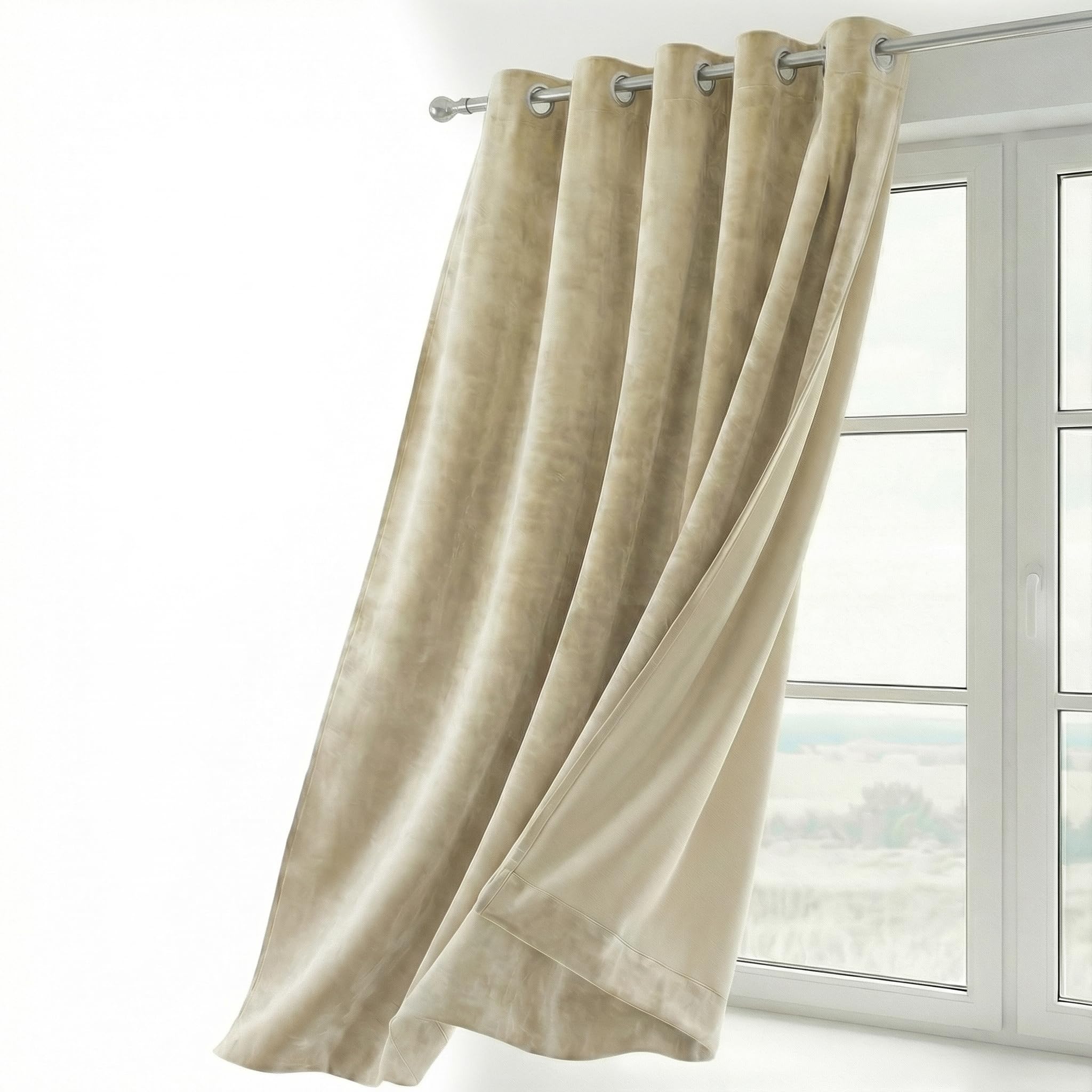 Beautex Beige Velvet Blackout Curtain With Eyelets, Opaque, 140 X 245 Cm (Width 140 Cm, Height 245 Cm, )