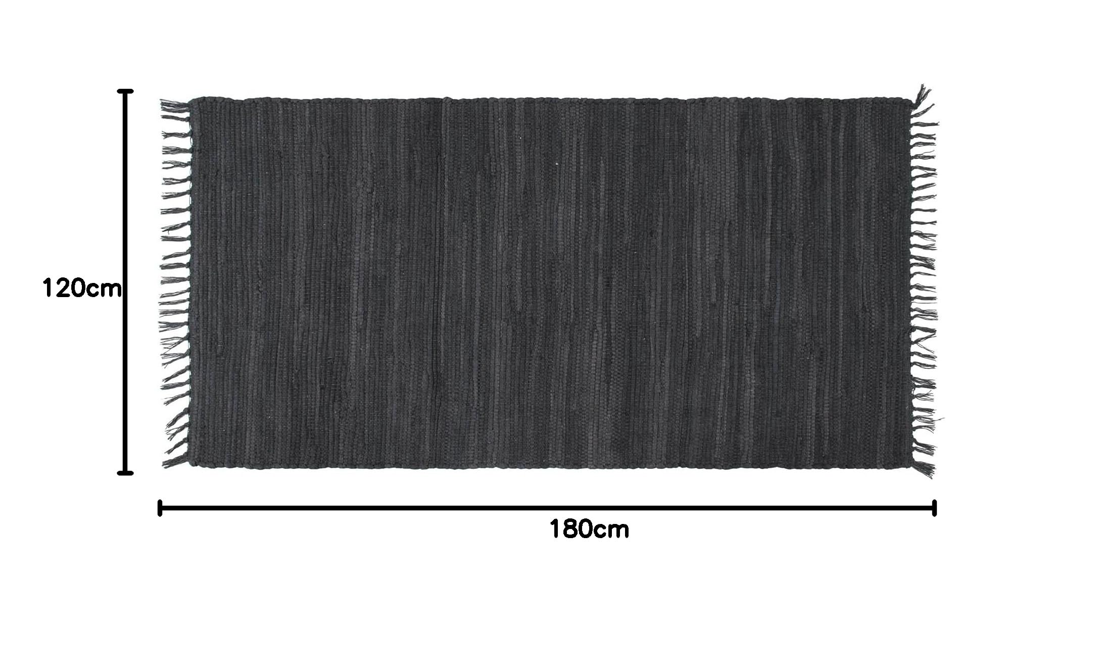 ABC Italia Tappeto antimacchia, lavabile, cotone, frange, tinta unita, colore: grigio scuro, dimensioni: 120 x 180 cm