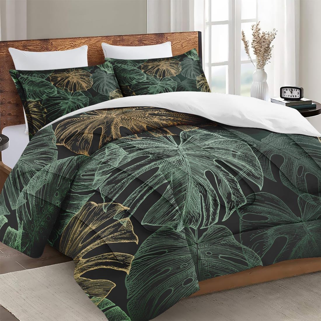 Full Size Comforter Set with 2 Pillowcases, Green Tropical Leaves 3 Pcs Bedding for Kids and Adults, Monstera Palm Leaf Soft Comforter Set for Bedroom Bed Decor - Image 3