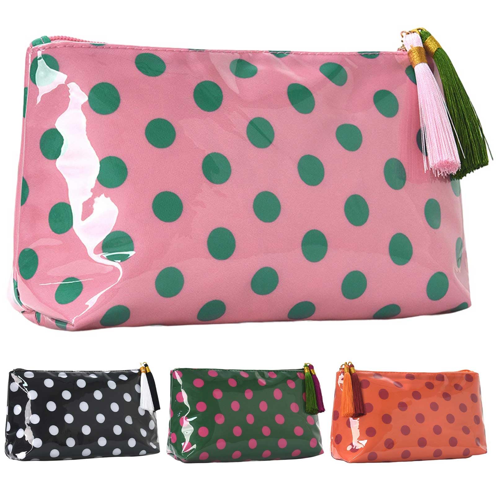 Make-up-Taschen für Damen, PVC, Retro-Motiv, gepunktet, Quaste,