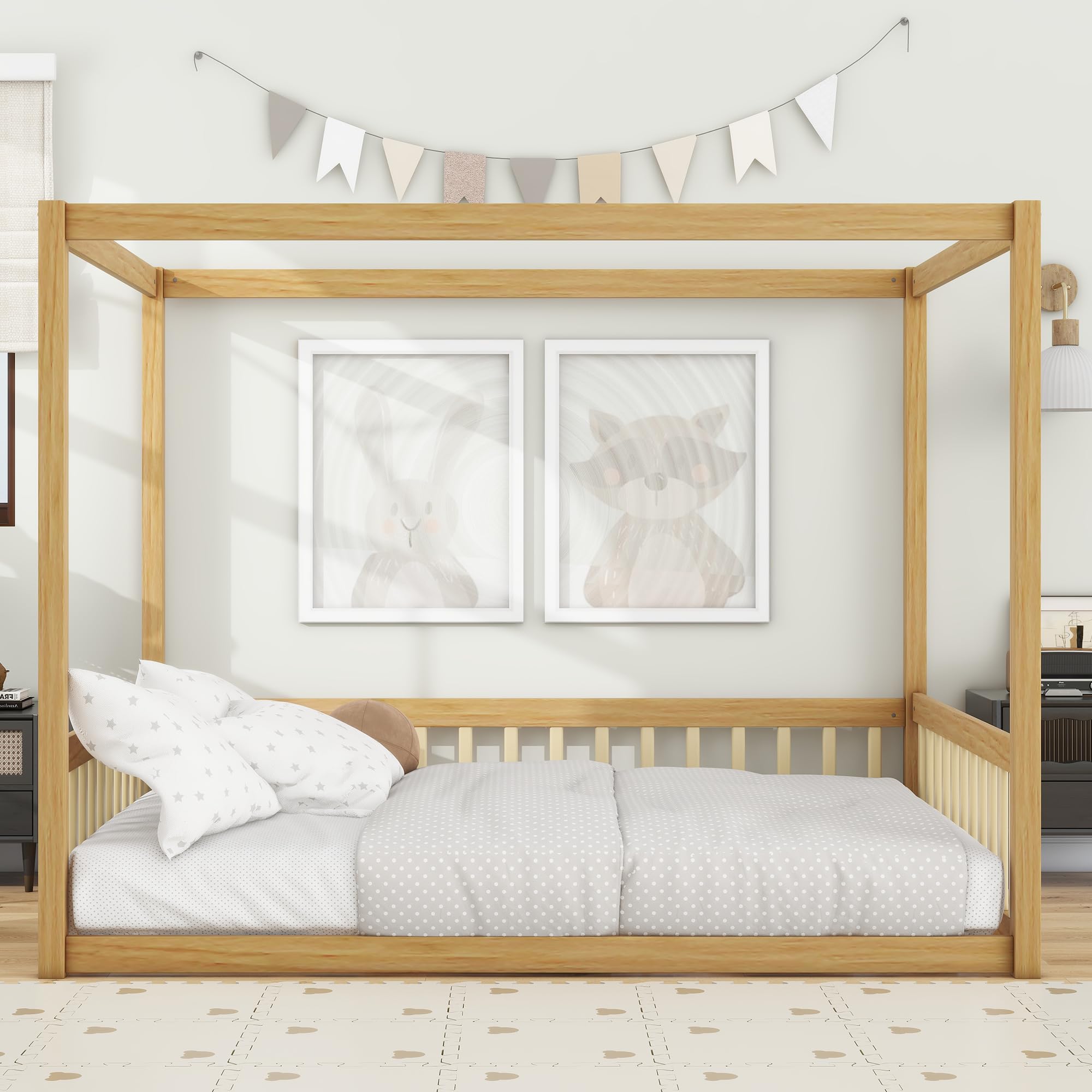 Full Size 4-Posters Canopy Bed Frame with Fence Guardrails, Rubber Wood Montessori Floor Platform Bed for Kids Teens Girls Boys, No Box Spring Needed (Natural-02)