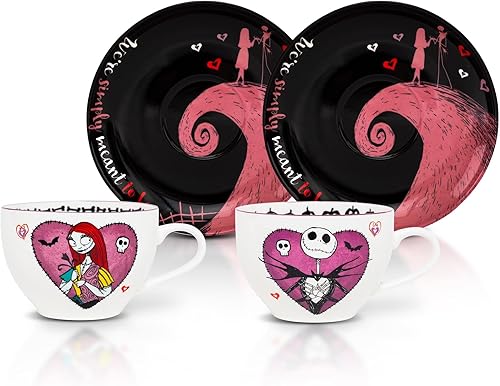 Miniatura 1 de Disney The Nightmare Before Christmas Jack & Sally Bone - Taza de té y platillo de porcelana, juego de 2 | Fiesta de té con café, expreso, moca