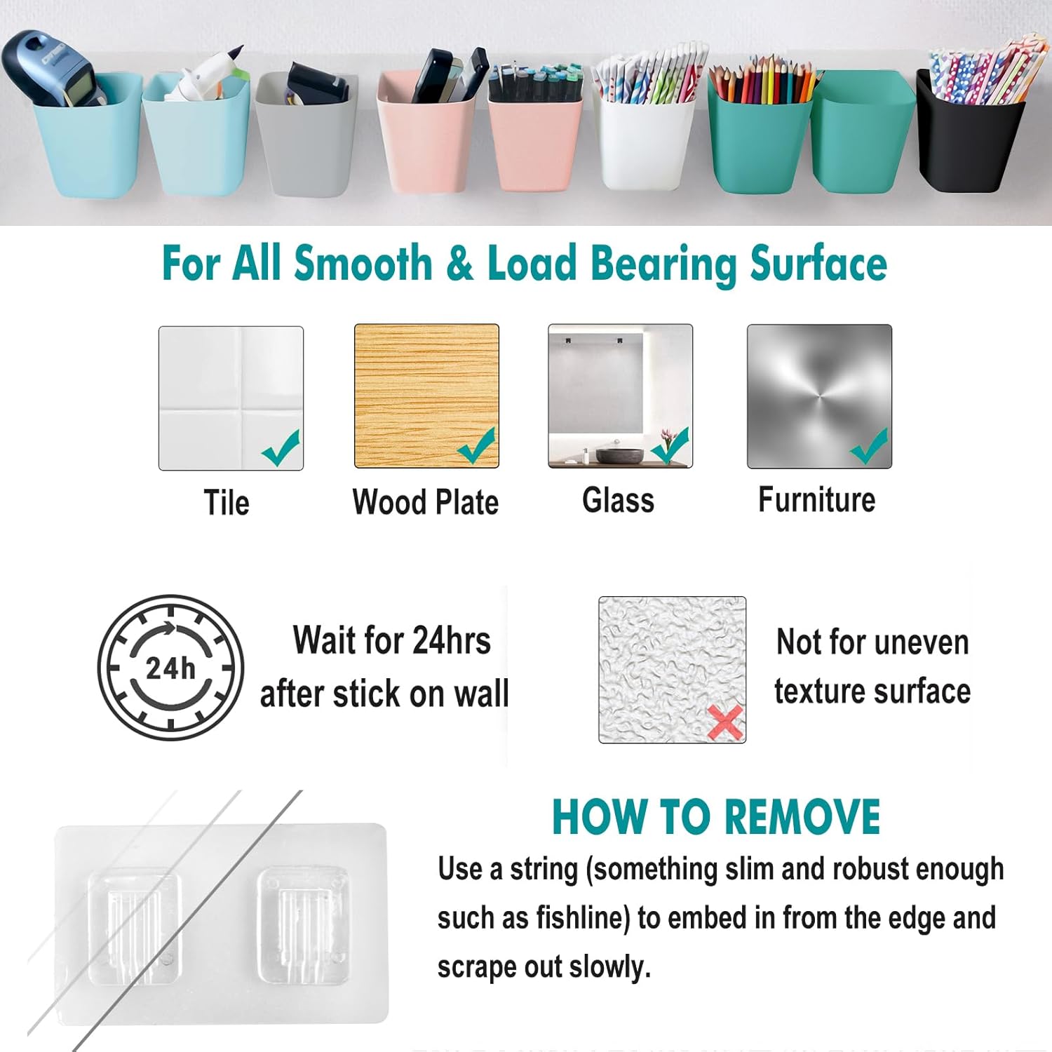 Wall Caddy Pen Holders, 6 Pack Large Pencil Cups Organizer for Marker / Remote / Crayon / White Board Accessories, with Adhesive Stickers, Office Home Craft Class Kids Room Art Organization (Black) - Image 5