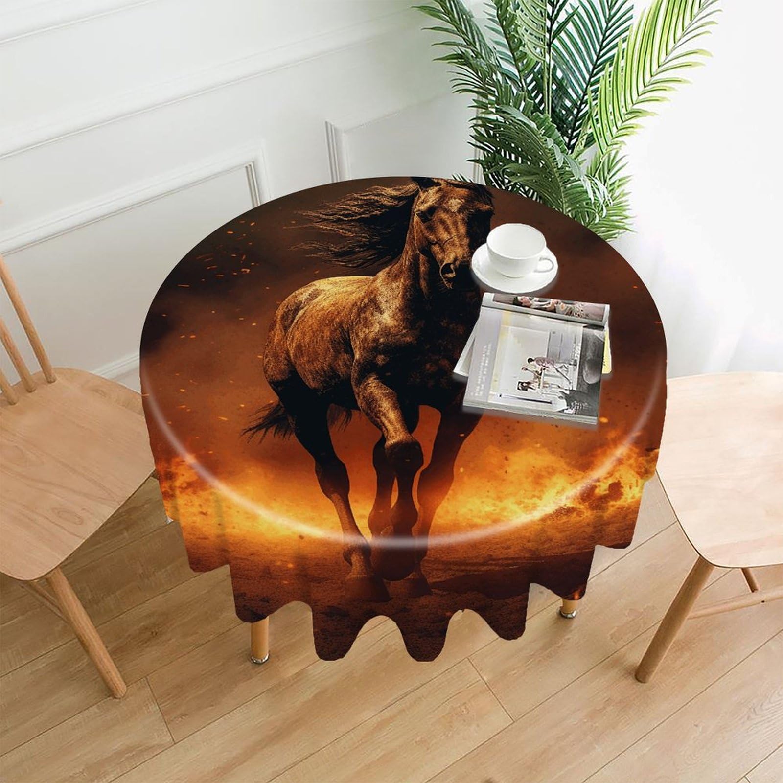 VstaDank Flame Horse Tablecloth Easy to Clean Polyester Round Table Cover Washable Round Table Cloth Wrinkle-Free Circle Decoration Tablecloth for Kitchen Dining Room 60"