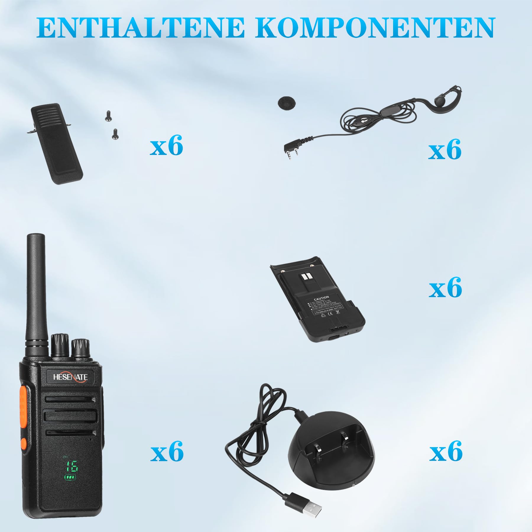 HESENATE HT66 Plus Funkgeräte Set Anzeige PMR446 Lizenzfreies Woki Toki | Große Reichweite Walkie Talkie Professionelles Funkgerät 16 Kanäle Walky Talky Handfunkgerät mit Kopfhörer Schwarz 6er set