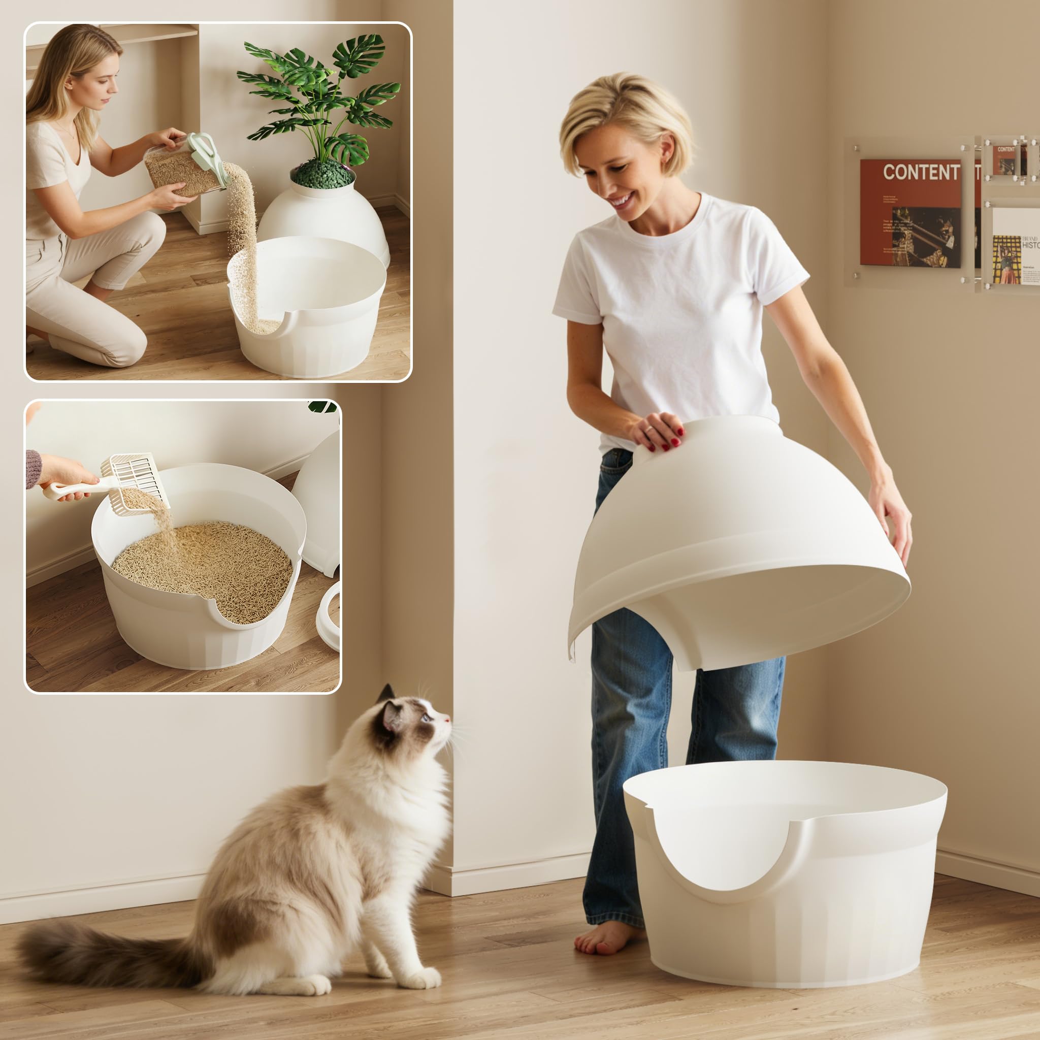 Mondeer Caja de Arena para Gatos con Planta sintética, Bandeja de Arena Oculta con Filtro de Olor, casa para Gatos para Sala de Estar, Dormitorio, Esquina, Incluye 2 cucharas y Juguete, Color Blanco