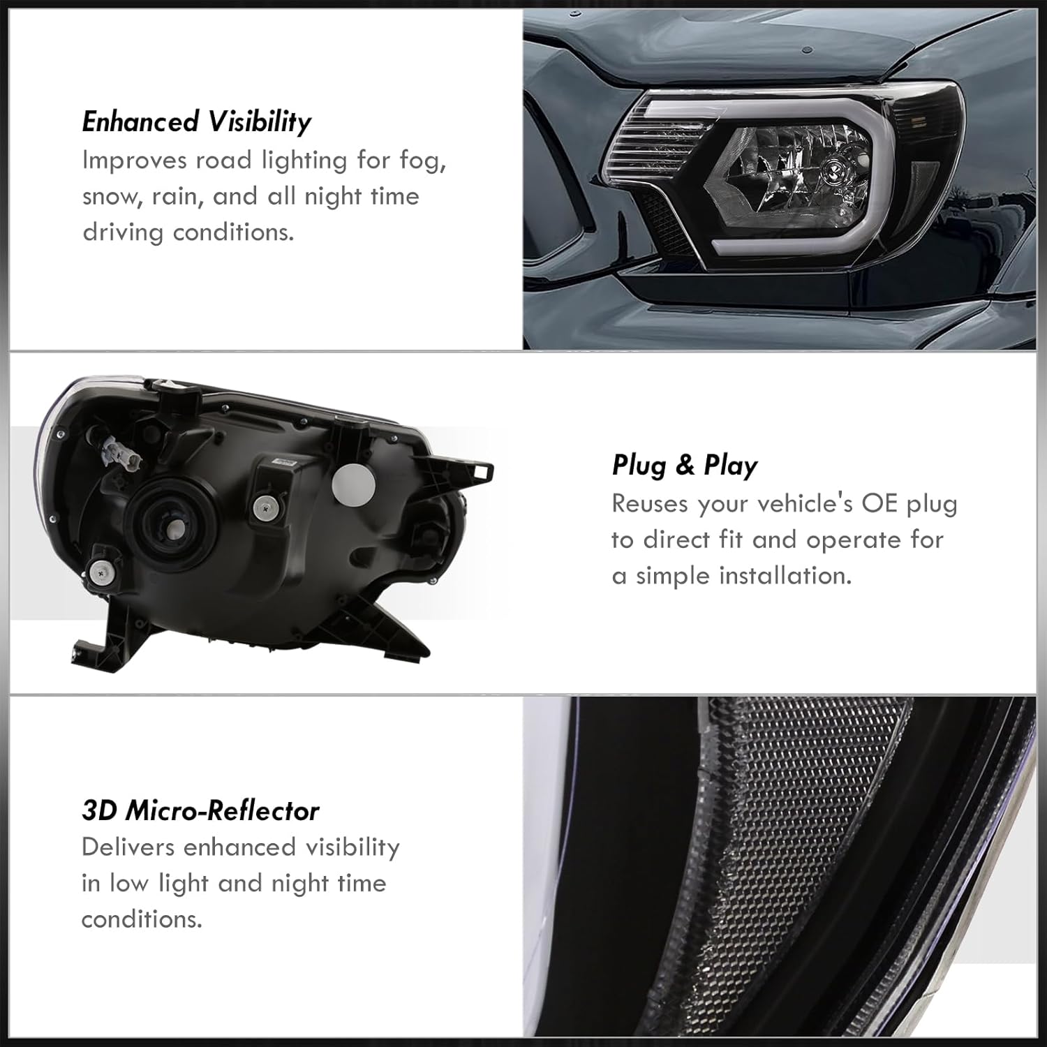 AJP Distributors Black Housing Clear Lens Reflector OE Style LED DRL Tube Bar Headlights Bumper Signal Lamps Assembly Set Compatible/Replacement For Tacoma Pickup Truck 2012 2013 2014 2015 12 13 14 15