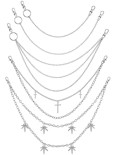 Jadive 5 Pieces Chain Belt Jeans Pants Pocket Waist Multi-Layer Hip Hop Metal Wallet Chain for Men Women - Leaf, Silver