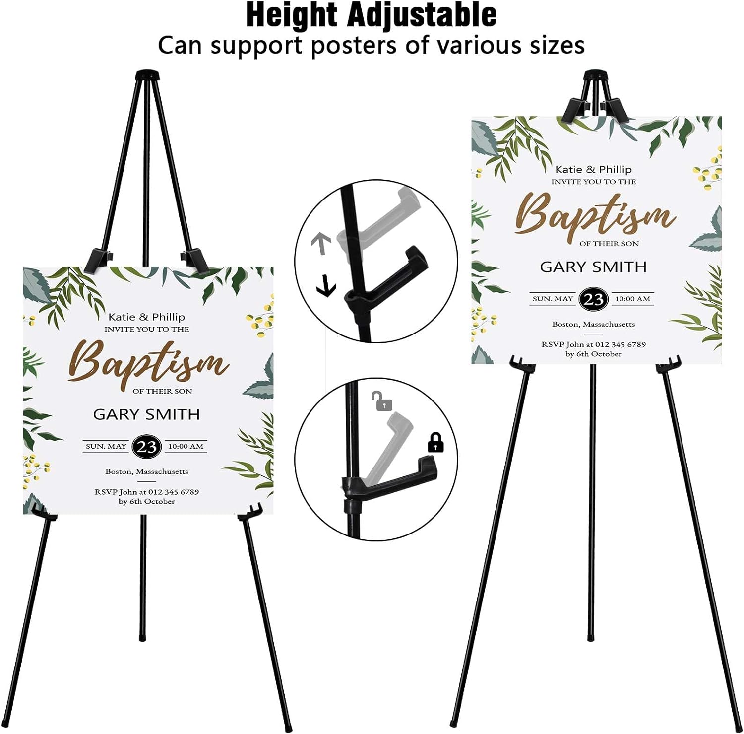 2 Pack Easel Stand 63" Picture Stand for Display, Portable Floor Standing Tripod Black Easel, Folding Easels Welcome Sign Stand for Wedding, Painting, Arts & Crafts (with Clips)