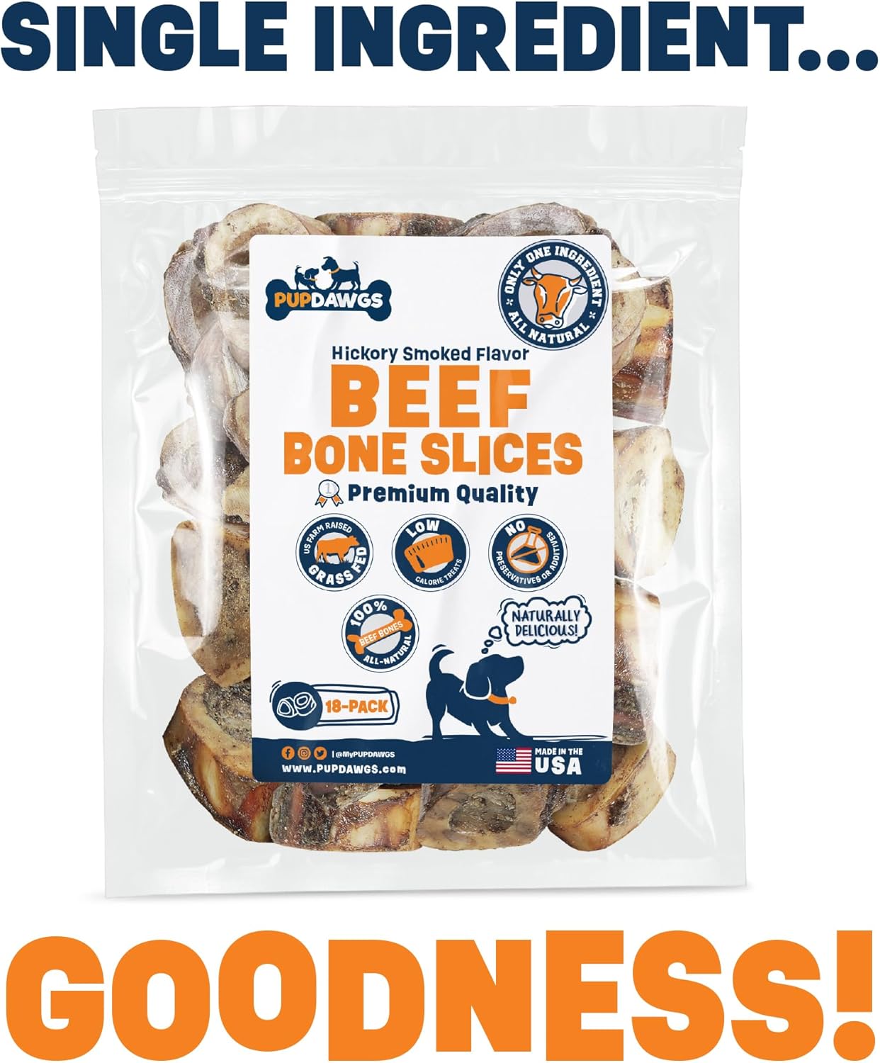 Dog Bones for Aggressive Chewers | Hickory Smoked Flavor Beef Bone Slices | Small Dog Treats - All Natural, Made in USA - 3 Packs of 6 (18 Pieces)