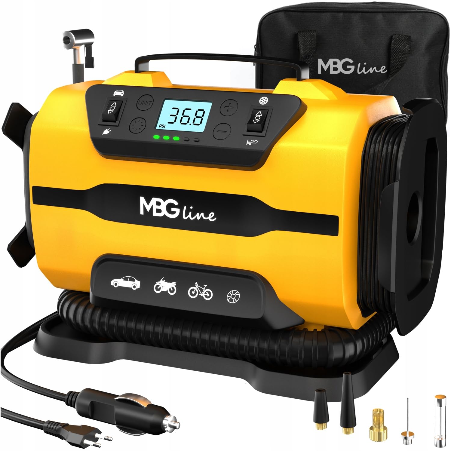 845 PRO Compresor de Aire Portátil Dual-Power 12V/230V | Hinchador de Ruedas Digital Auto-Stop, 150 PSI | Mini Compresor con Linterna LED