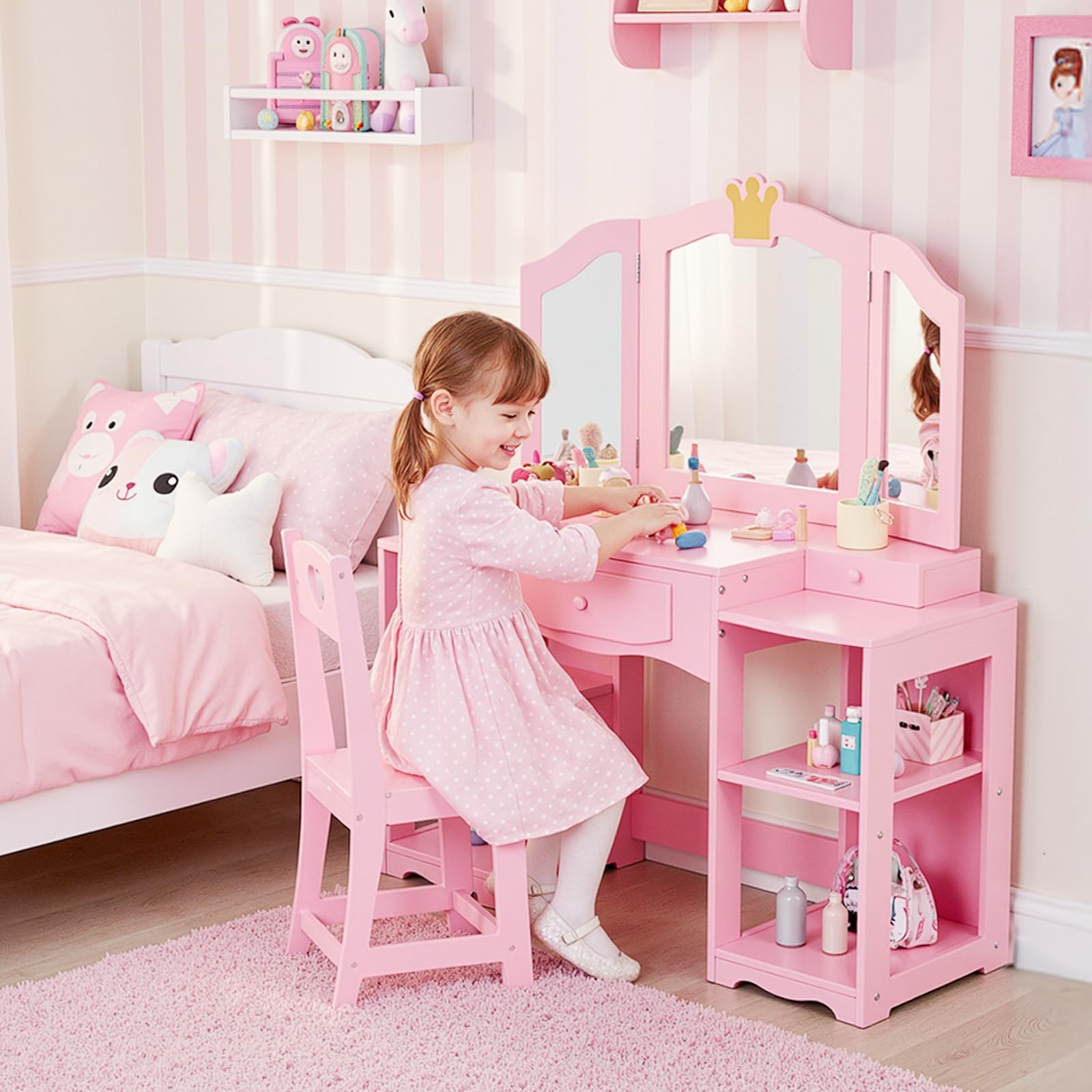 Bonnlo Schminktisch mit Hocker und Abnehmbarer Spiegel, Kindertisch mit Aufbewahrungsboxen und offenen Fächern, für Mädchen ab 3 Jahren, Rosa