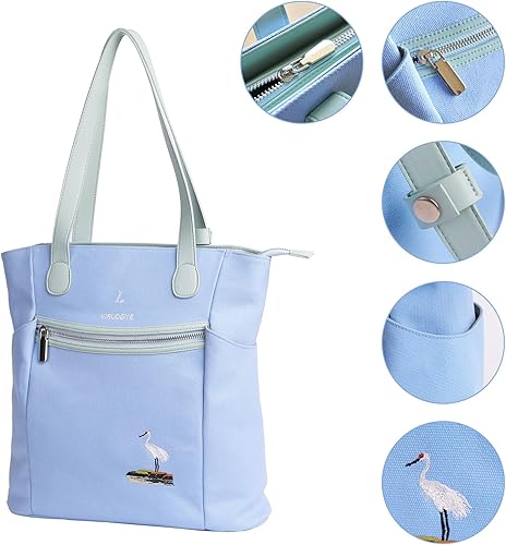 Vista 6 de Bolso de mano para mujer, lona de mezcla de algodón de 16 onzas con bordado floral, cremalleras metálicas y asas de piel sintética Aguamarina-azul