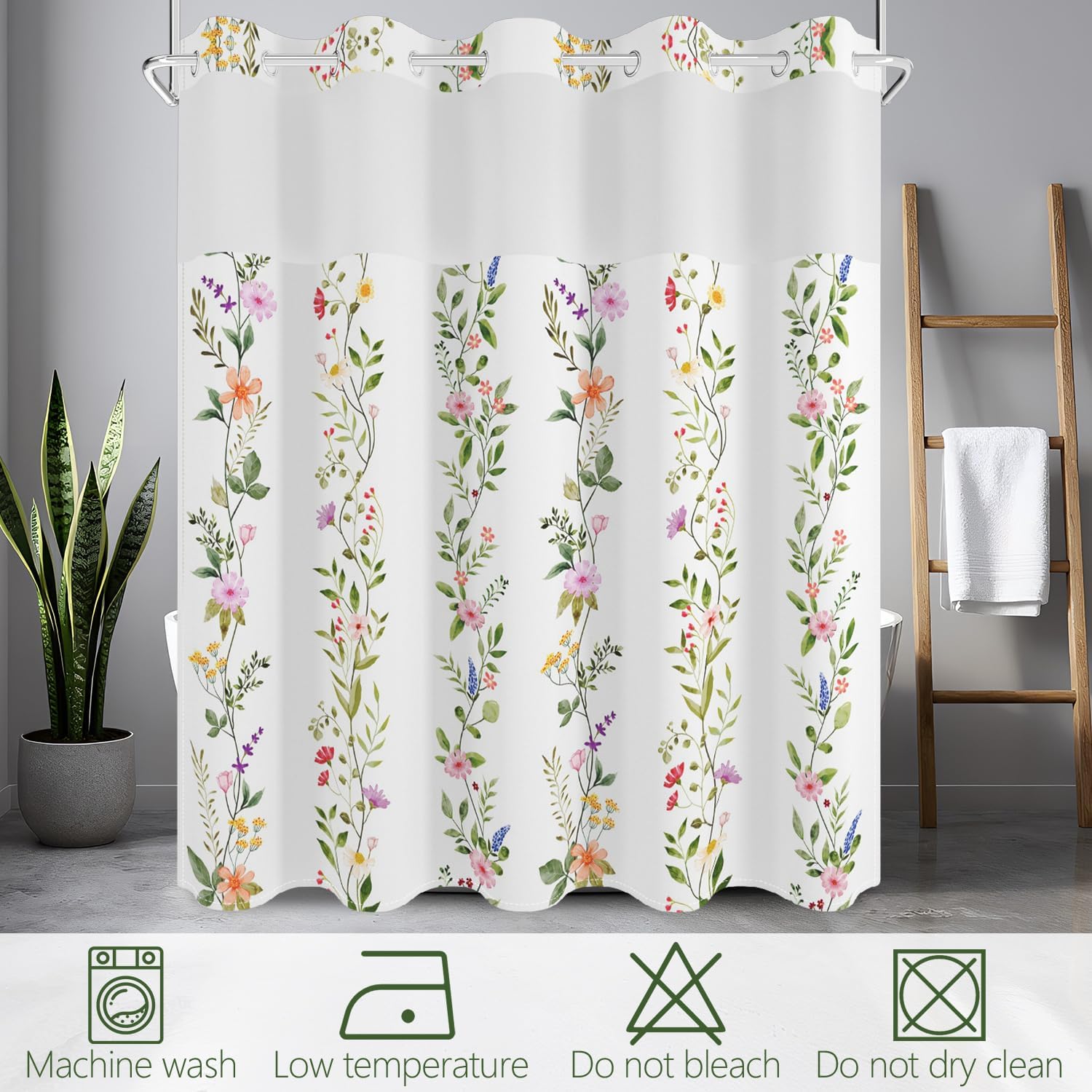 No Hook Shower Curtain with Snap in Fabric Liner Set, Waterproof & Washable, Colorful Boho Botanical Floral Striped Shower Curtains for Bathroom, Farmhouse Bathroom Curtain, House Gift, 71x74 Inch