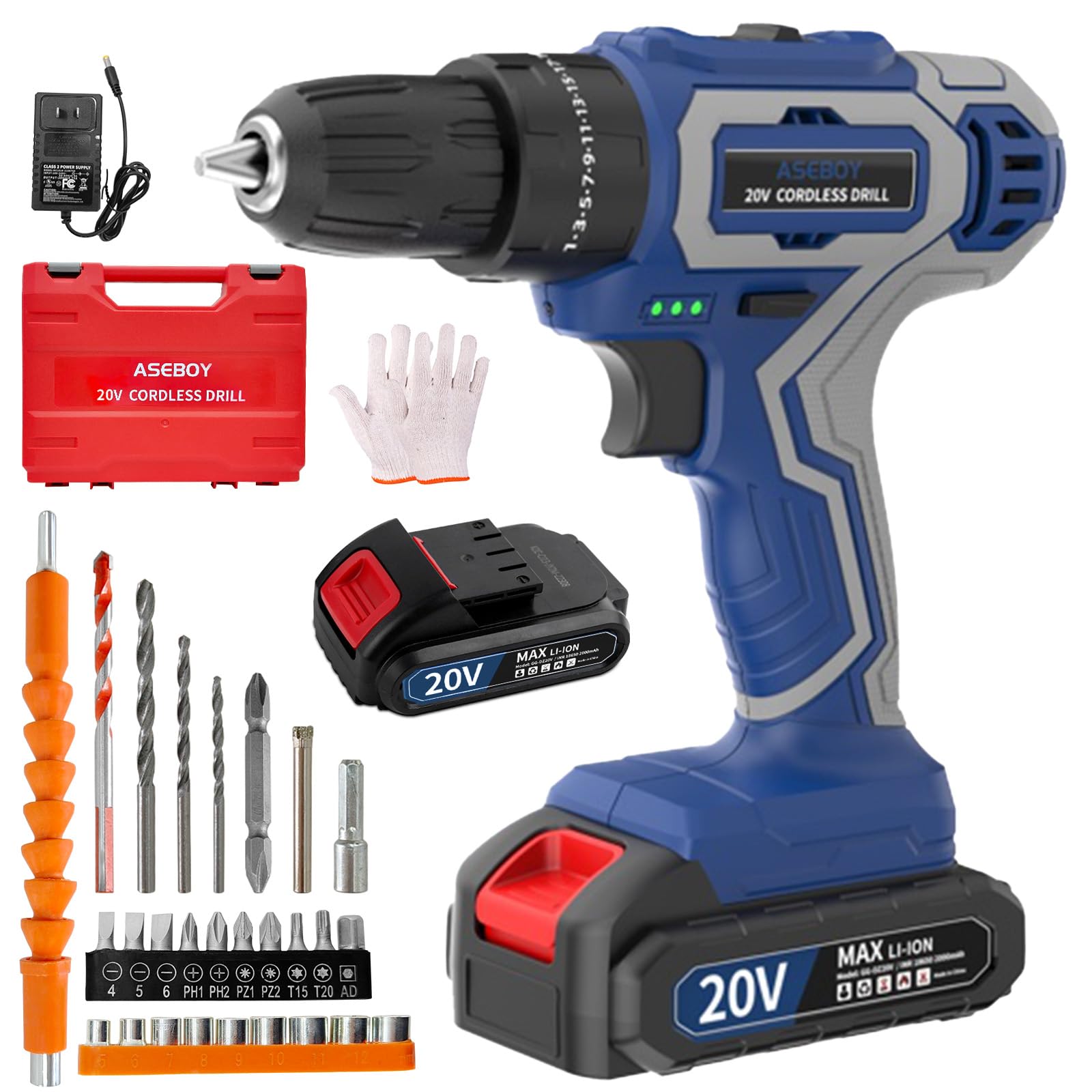 Aseboy 21V Cordless Power Drill, Electric Drill with Battery and Charger, Variable Speed, Blue, 2.2 lbs, 20V, 1650 RPM, 27 Nm Torque, LED Light, 2 Batteries, Charger, Drill Bits, Toolbox 1 Battery