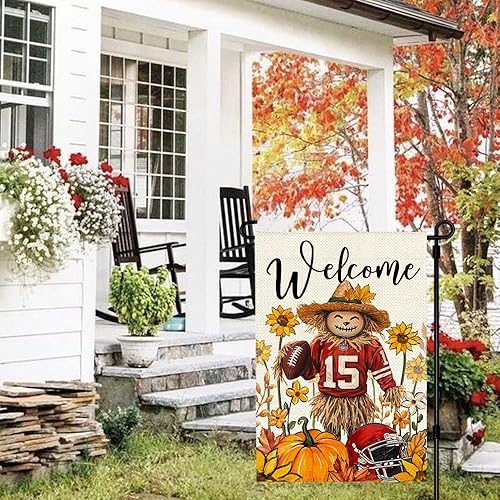Miniatura 3 de Bandera de jardín de espantapájaros de otoño de 12 x 18 pulgadas, doble cara exterior, Acción de Gracias, fútbol, bienvenida, otoño, calabaza,
