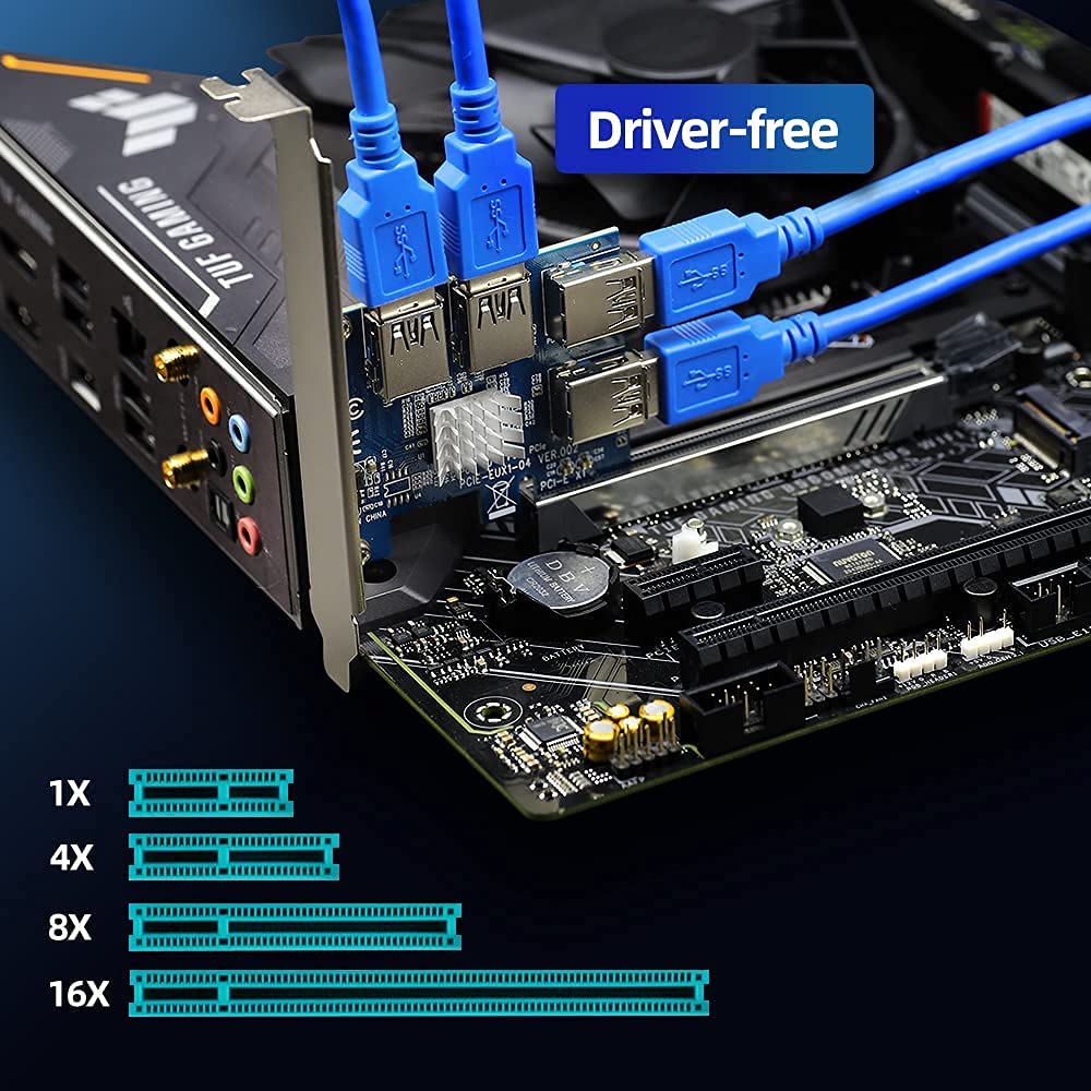 Mining Adapter Card PCIe 1 To 4 Riser Card - USB 3.0 Splitter For Bitcoin  Mining & Multiple GPUs 4 Port USB 3.0 PCIe Expansion Card