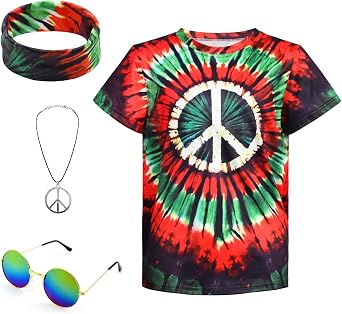70s Hippie Costume for Kids Colorful Tie Dye Shirt Boys Girls 4Pcs Accessories Set for Halloween Party Cosplay