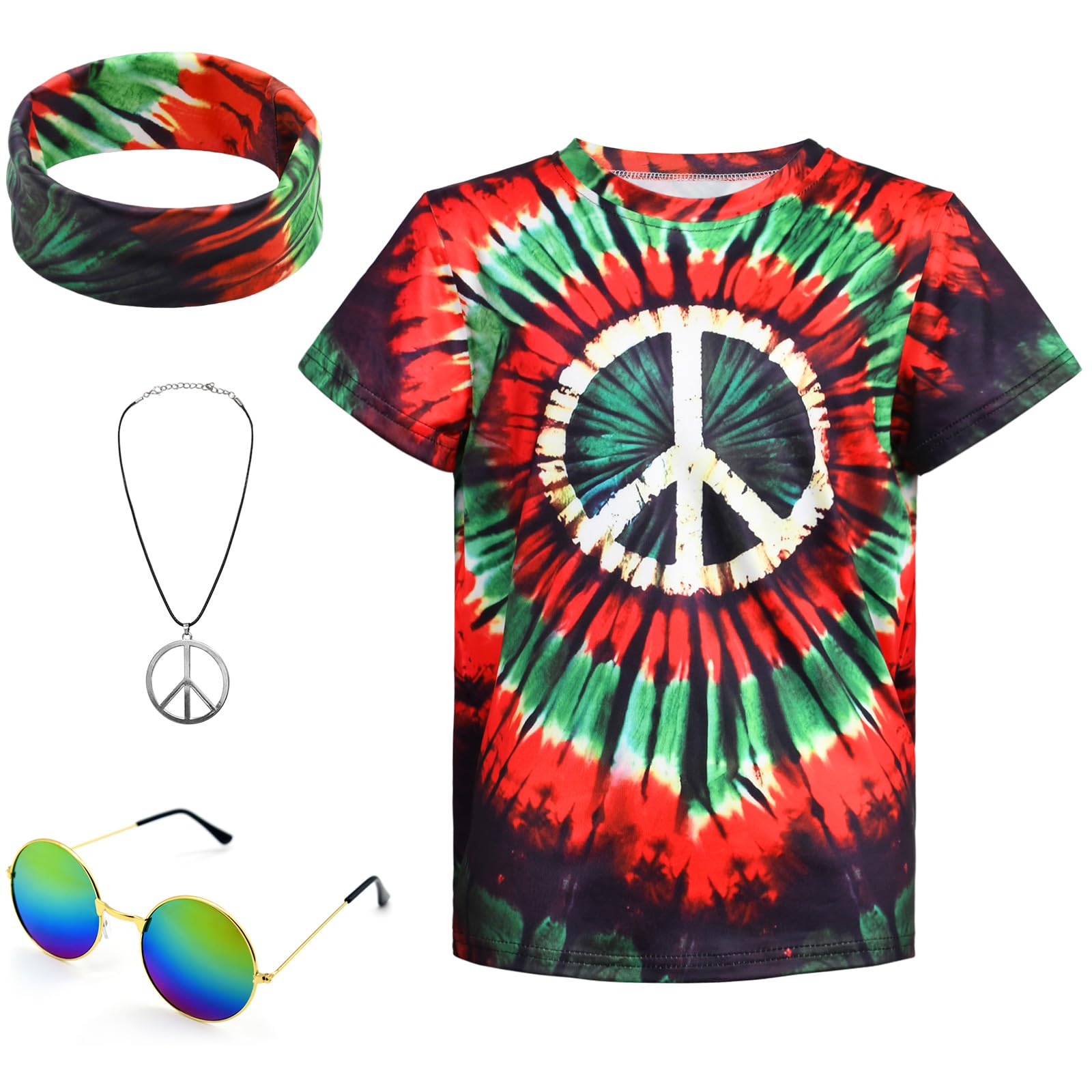 Boys Hippie Costume 60s 70s Colorful Tie Dye T-Shirt 4pcs Accessory Set for Kids, black green, 4-5 Jahre