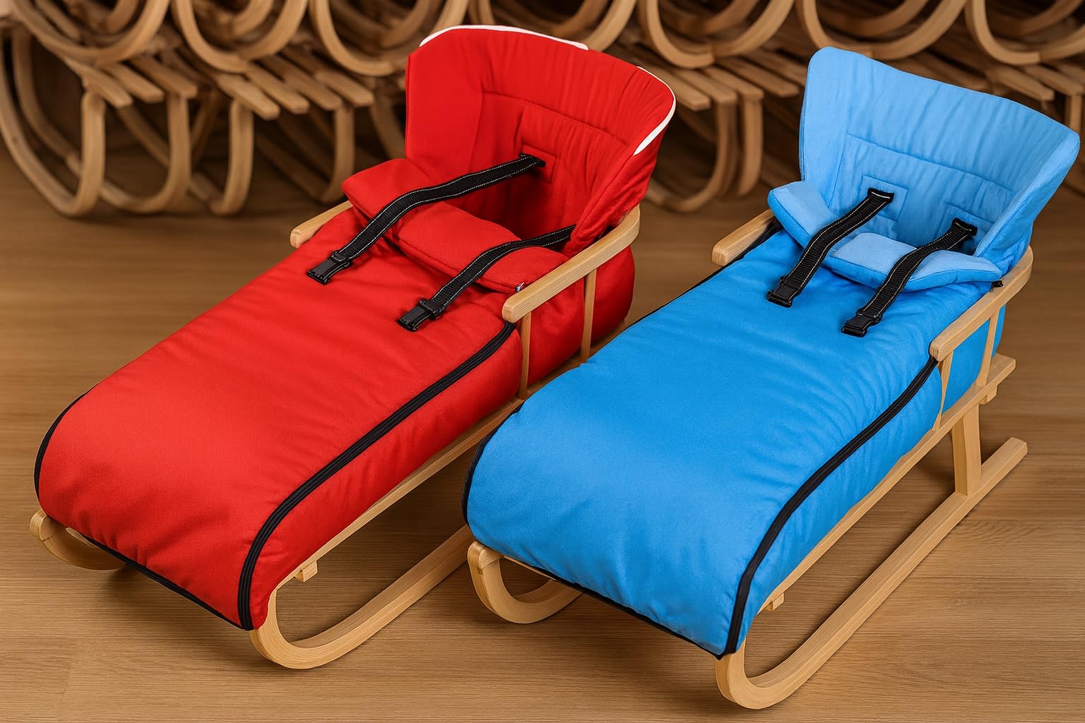 Holzschlitten Kinderschlitten Rodelschlitten aus Buchenholz mit Rückenlehne Winterfußsack 90cm Zugleine