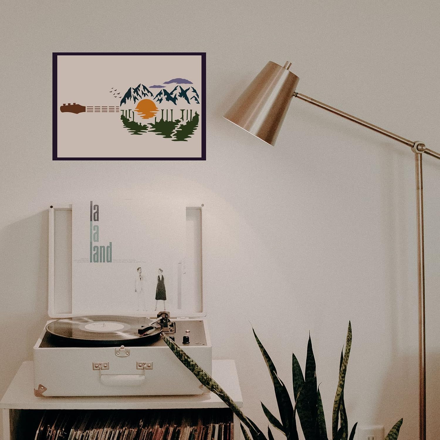 FINGERINSPIRE Guitar Sunset Stencil 11.7x8.3 inch Hollow Out Mountains Lakes Painting Stencil Flying Birds Clouds Craft Stencils Reusable Guitar Shape Stencil for Wall, Photo Album, Furniture Decor