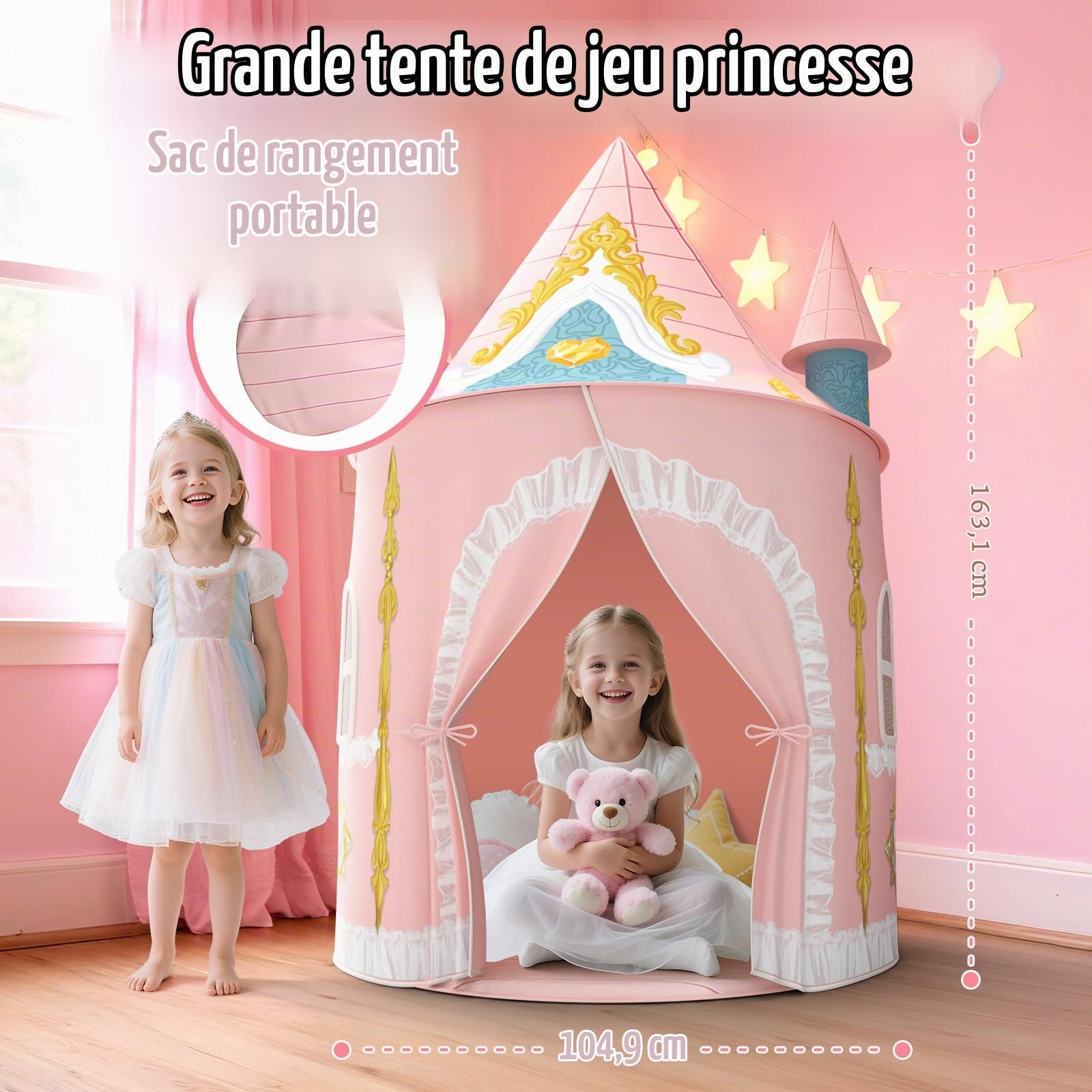 Skirfy Tente Princesse pour Filles, Grande Tente de Jeu Intérieure et Extérieure pour Enfants, Château de Princesse, Cabane de Jeu pour Filles et Garçons de 3 à 8 Ans