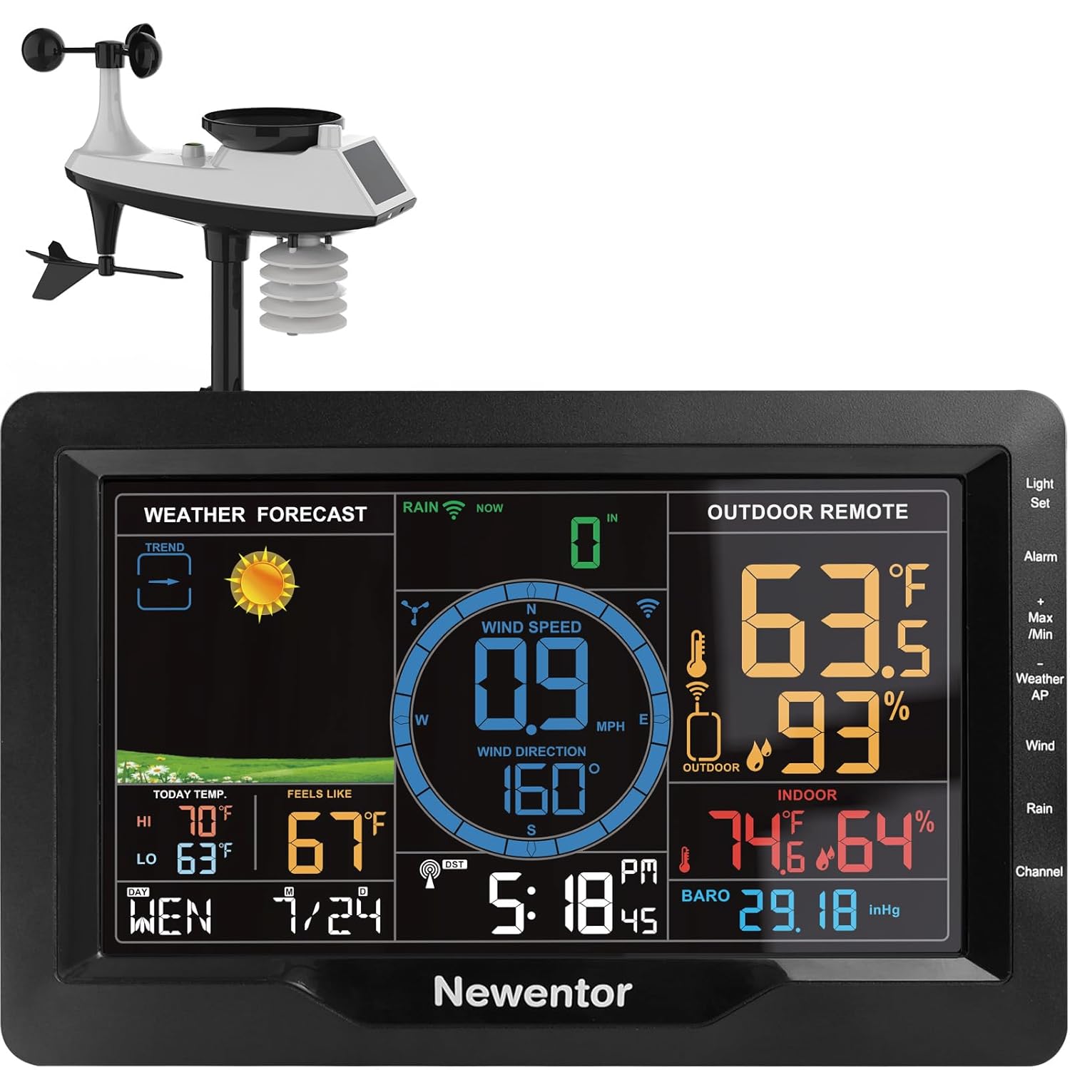 Newentor Weather Station Wireless Indoor Outdoor, Weather Stations with Rain Gauge and Wind Speed, Thermometer Weather Clock Barometers for Home, Atomic Clock with Wind Meter Sensor, Glossy Black