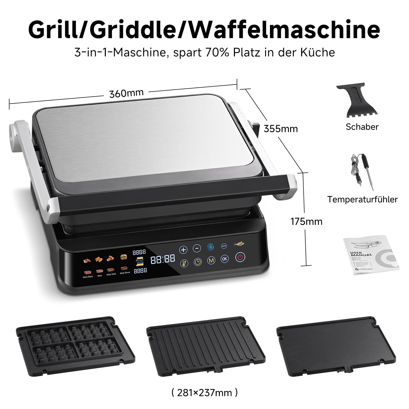 AMZCHEF XL Kontaktgrill 4-in-1 mit Temperaturfühler & GrillBoost 280 °C – Elektrogrill 6 Programme, 180° Öffnung, 2 Zonen, wechselbare Antihaftplatten