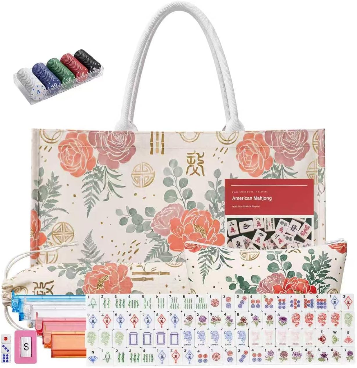 American Mahjong Complete Set 166 Tiles 1.2" Engraved with 4 Racks & Bag | Vivid color tiles, easy to read. Complete portable set—open & play. Full accessories. Great for travel, parties & family.